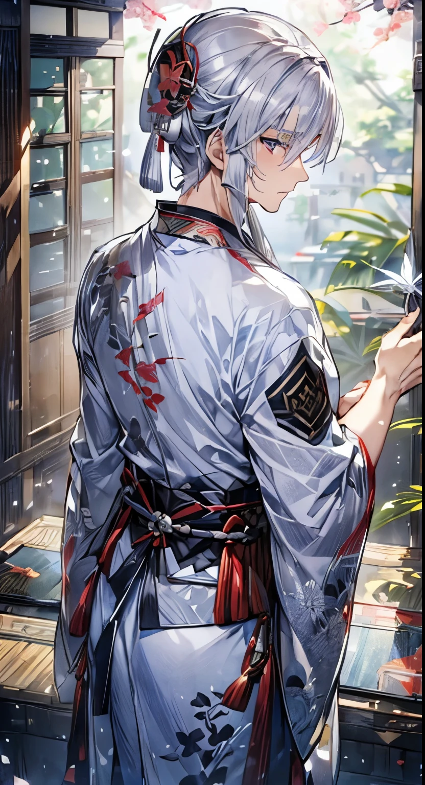 ((((male))))、(((Silver Hair))),(((all back hair)))、(kimono)、(military adviser)、(((kimonoに蝶々Greetings)))