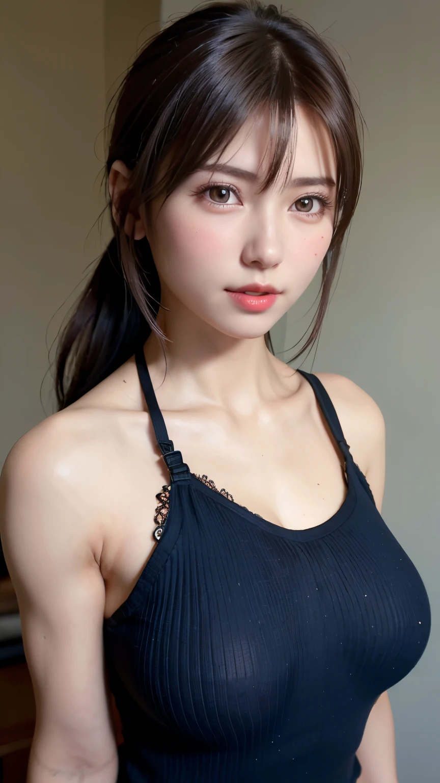 best quality、8k masterpiece、Ultra-high resolution、(Photorealism:1.3)、original photo、1 girl、Brown hair、glowing skin、 (#1: Shiny Long Ponytail)、((Ultra-realistic details))、portrait、Global Illumination、shadow、Octane Rendering、8k、Super sharp、Beautiful breasts、((Exposing nipples:1.2)),((Exposing breasts:1.2)),(Exposing nipples:1.2),cleveage、Very intricate details、realistic light、CGSoation Trendy Eyes、Eyes sparkling at the camera、Neon details、(Transparent camisole)