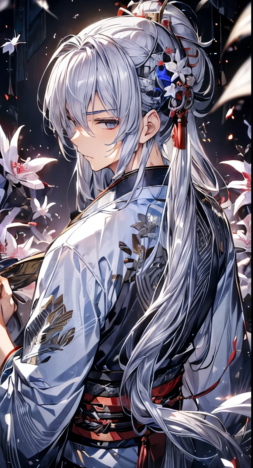 ((((male))))、(((Silver Hair))),(((all back hair)))、(kimono)、(military adviser)、(((kimonoに蝶々Greetings)))