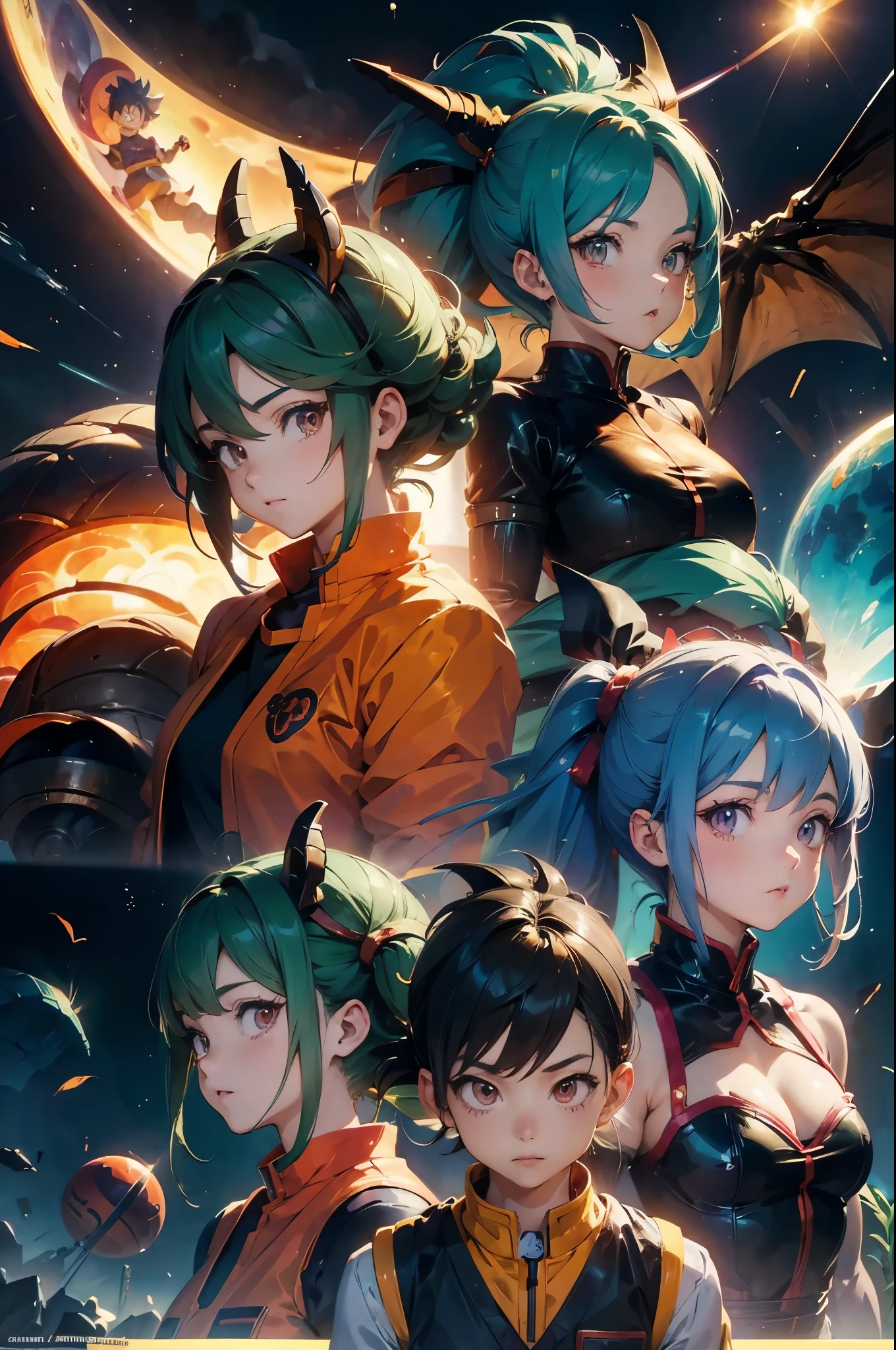 Three anime characters take a photo together, saiyan girl, EcchiAnime style, Dragon Ball风格, 《Dragon Ball》Bulma, Anime style, Headquarters Artwork, artistic, High-quality fanart, Dragon Ball Z 风格, anime girl, Robot 18, Official Fanart, High-resolution artwork, Dragon Ball艺术风格, :14 80 年代Anime style