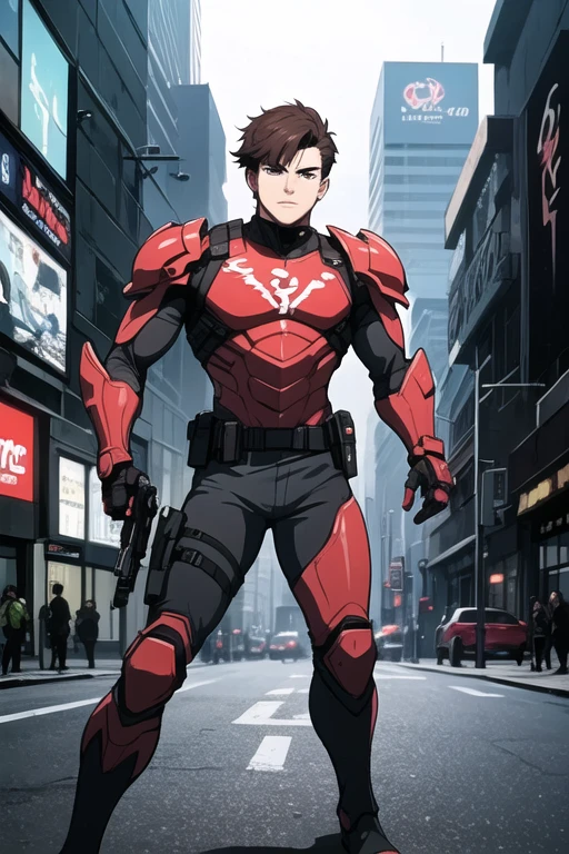 ((best quality)), ((Masterpiece)), (detailed), perfect face mox has brown hair, cyberpunk, red tactical suit, red armor, white big symbol on the chest, a gun in each hand, swat, tactical pants black, it's a man, male, young man, has two futuristic guns in each hand, police, futuristic lightweight armor, cute hair, black boots, solo, black belt, anime hair, green eyes, holster, no leg protector, fighting, fighter, mu