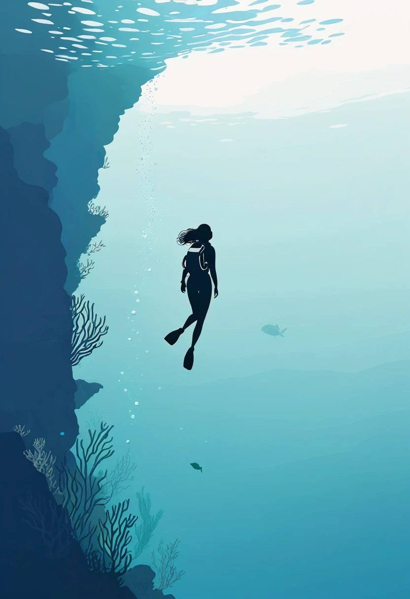 Minimalist Journey，diving，solo，1 Girl，Minimalism，Under the Sea，illustration