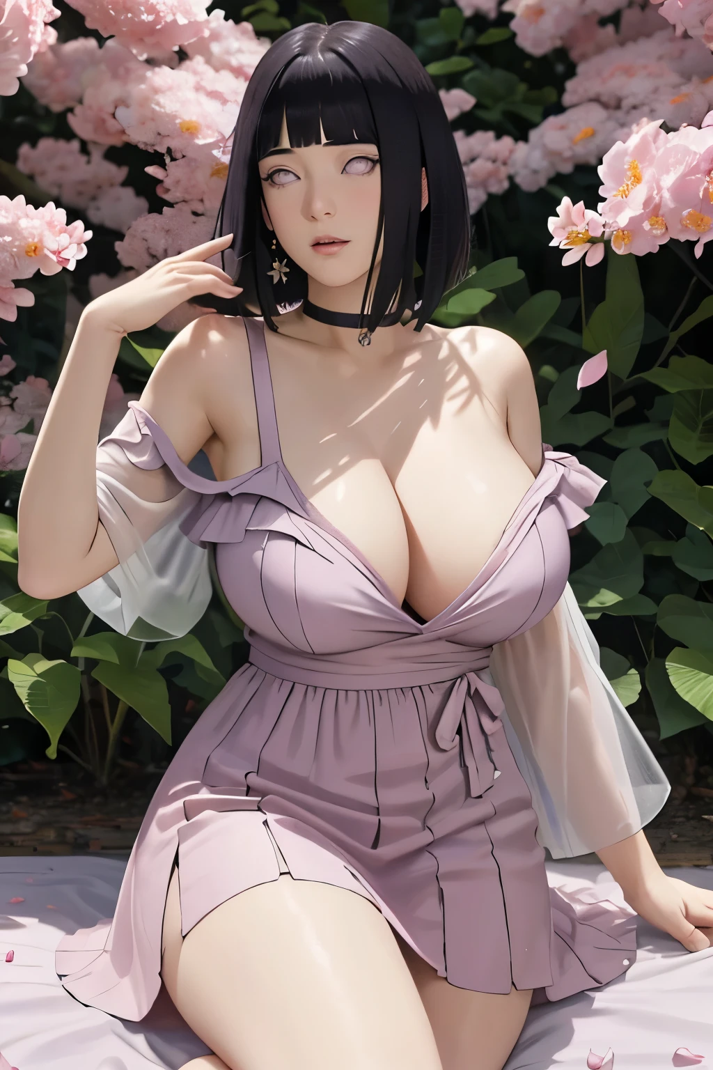 masterpiece, absurdres, hinata\(boruto\), 1girl, solo,mature female, garter belt, huge ass, outdoors, flower field, ass at viewer, cloudy sky, perfect composition, detailed lips, huge breast, cleavage,beautiful face, body propotion, blush, (pink lips), long hair, purple eyes, soft gaze, sad smile, super realistic, detailed, photoshoot, realistic face and body, realistic hair, realistic eyes, realistic nose, realistic lips, thicc thigh, short black hair, detailed hand and legs