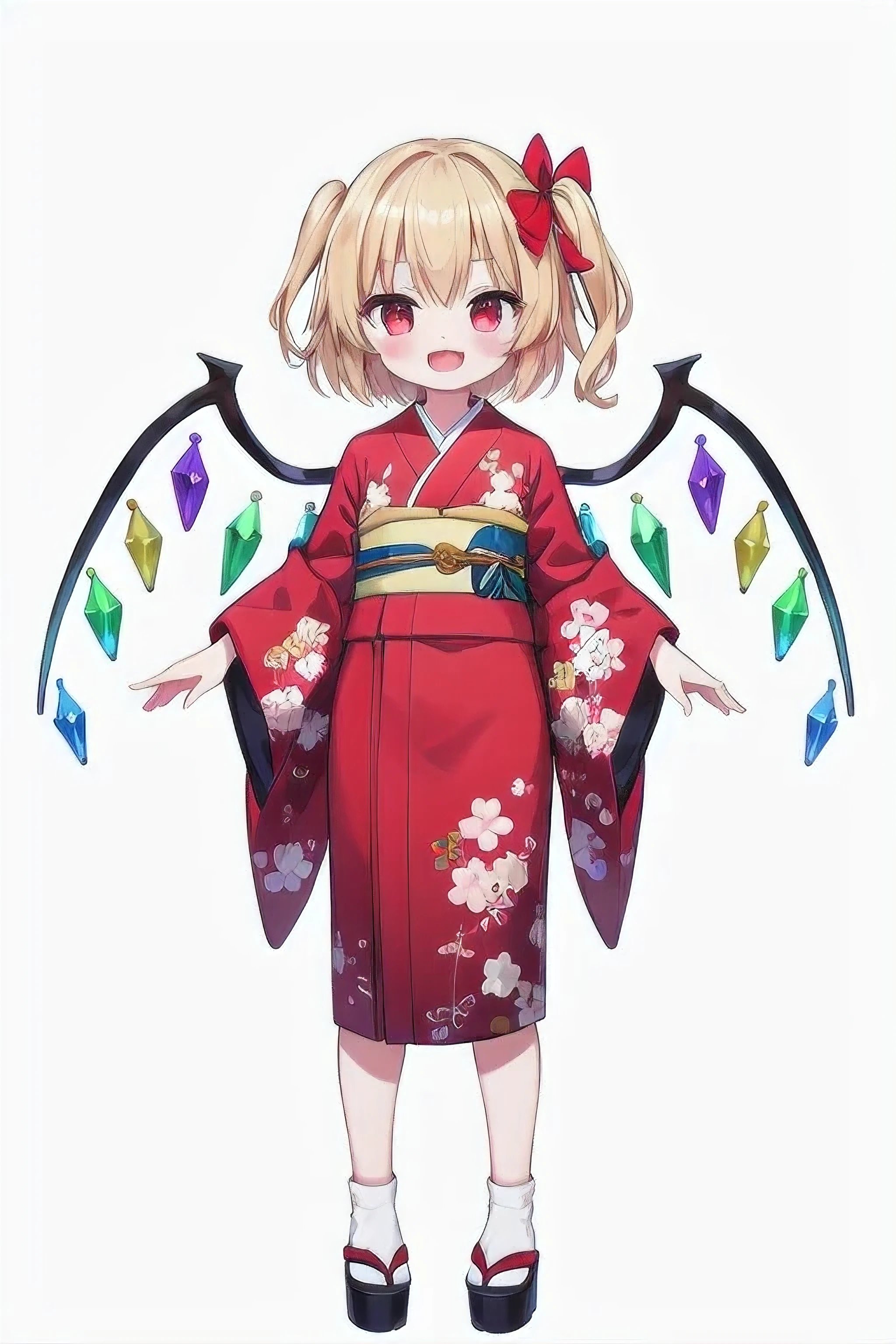 masterpiece, top quality, super detailed, CG illustration, high resolution, better lighting, best shadows, very delicate and beautiful, proper shading, hd, 8k,flandre scarlet, 1girl, solo, looking at viewer, blush, smile, short hair, open mouth, bangs, blonde hair, simple background, red eyes, long sleeves, white background, standing, full body, :d, frills, japanese clothes, wings, alternate costume, fang, wide sleeves, kimono, hair bun, black footwear, sash, one side up, obi, floral print, crystal, red kimono