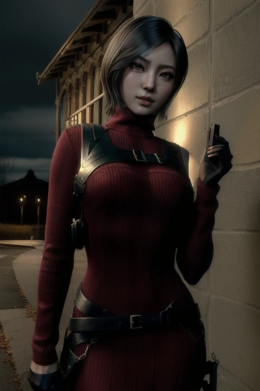 (masterpiece, best quality:1.4), insaneres, absurdres, solo, looking at viewer,BREAK GAME_ResidentEvil4Remake_AdaWong_ownwaifu, 1girl, asian, black hair, short hair, brown eyes, lips, bangs, large breasts, red lips, makeup, lipstick, sweater, dress, gloves, holster, shoulder holster, black gloves, turtleneck, turtleneck sweater, sweater dress, ribbed sweater, long sleeves, harness, belt, holding gun, red sweater, red dress, (contrapposto, hand on hip), night time, sidelighting, outdoors, depth of field, posing