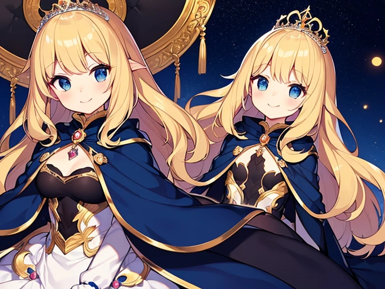 (kawaii),(best quality),(ultra detailed), upper body,(rococo style),(long train deep blue cape:1.15), very long cape,(long train deep blue ball gown with flower decorations:1.05), a girl is wearing a cape over her gown, 1 little princess, tiara, smile, very long hair, small breasts