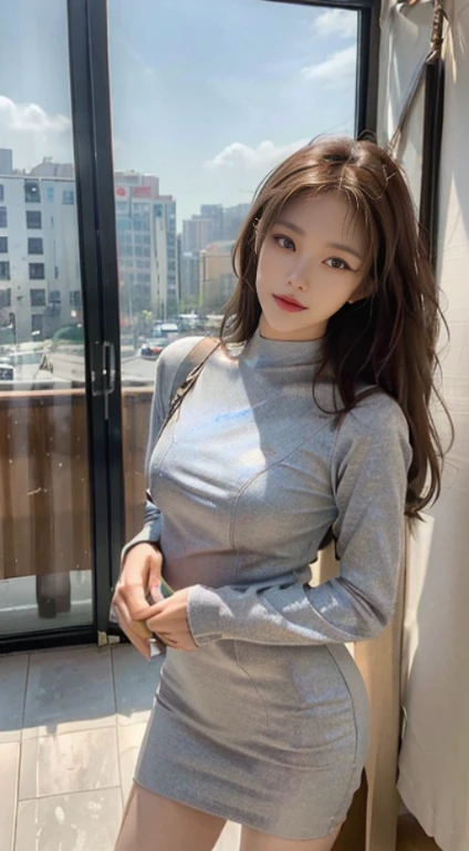 ((Best picture quality, 8K, tmasterpiece: 1.3)), self-shot, Sharp focus: 1.2, A cute beauty with a perfect figure: 1.4, Slim big breasts, ((Brown hair black)) , (Small flesh-colored dress,Highly detailed face,Happy expression,standing on your feet:1.2),((A city with blue skies and white clouds,At the cafe:1.3. Produced with a major focus on women)),Highly detailed facial and skin texture,Detailed eyes,double eyelid