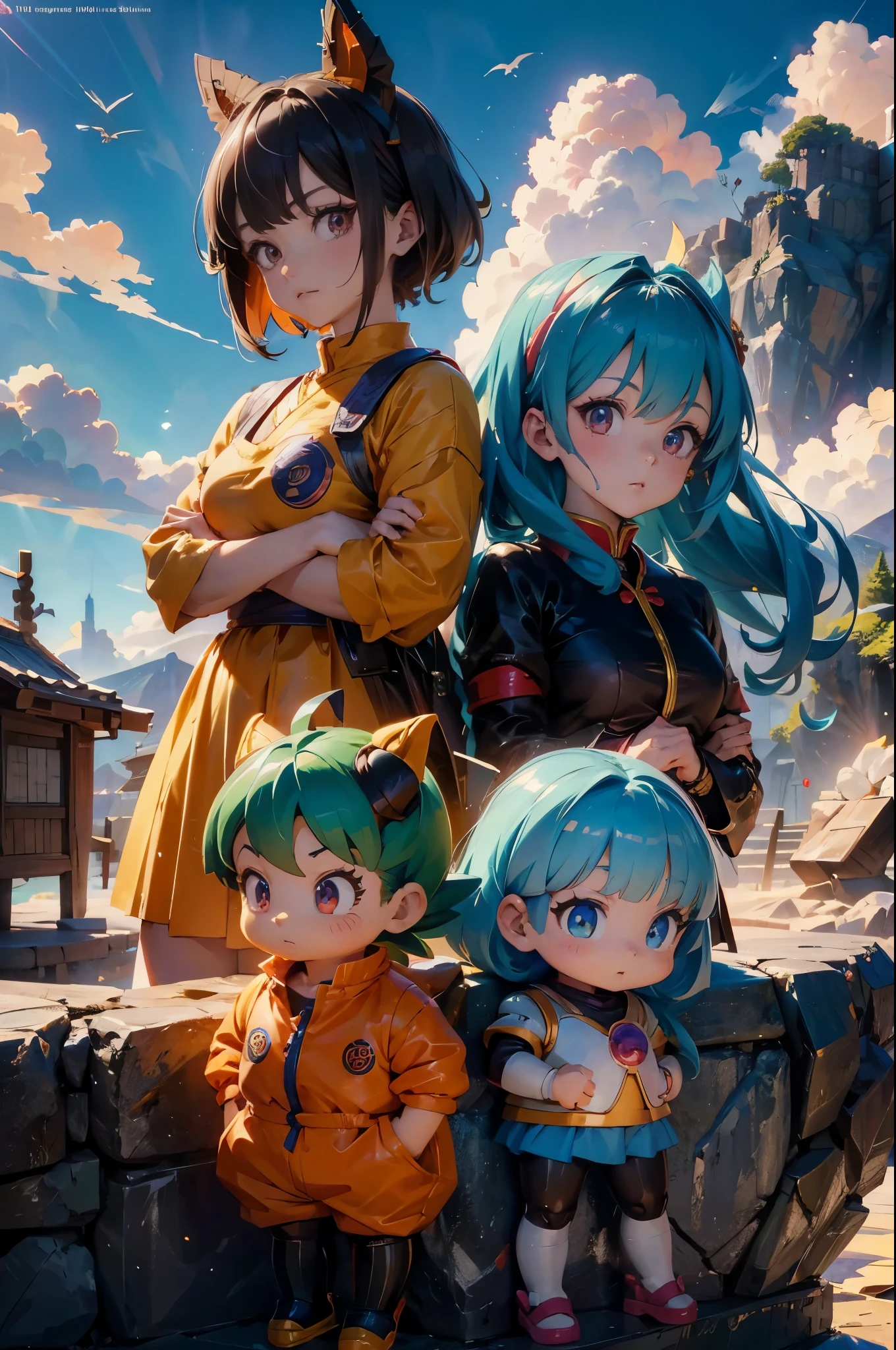 Three anime characters take a photo together, saiyan girl, EcchiAnime style, Dragon Ball风格, 《Dragon Ball》Bulma, Anime style, Headquarters Artwork, artistic, High-quality fanart, Dragon Ball Z 风格, anime girl, Robot 18, Official Fanart, High-resolution artwork, Dragon Ball艺术风格, :14 80 年代Anime style