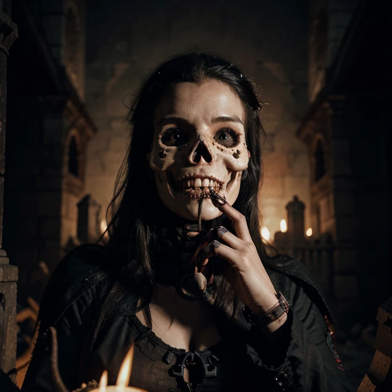 a skull women, big fang, red cry on abandoned castle, digital art, cgsociety contest winner, celestial torn horror vibe, scary necro, 8k highly detailed ❤️‍🔥 🔥 💀 🤖 🚀, red white and black colors, abstract gothic horror, sugar skull, holding eating black roses, creepy image, 8 k highly detailed ❤🔥 🔥 💀 🤖 🚀, necromancer skeleton