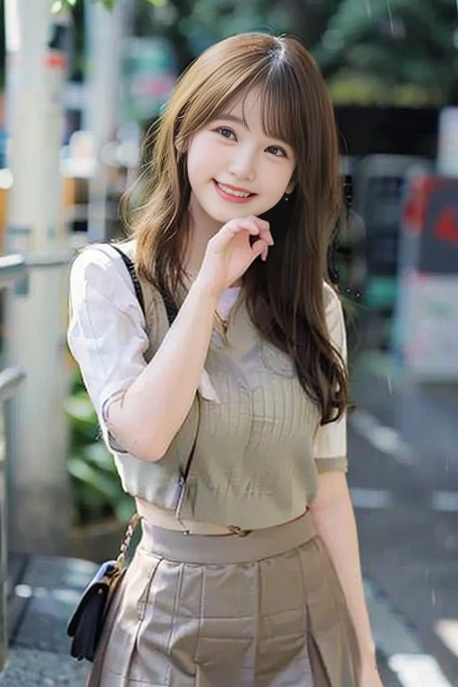 (8k、RAW Photos、Best image quality、masterpiece:1.2)、(Genuine、フォトGenuine:1.37)、Super Detail、Ultra-high resolution、girl、1 person、See the beholder、Beautiful face in every detail、smile、narrow、 (Narrow waist) :1.3)、Dense and beautiful skin、Skin Texture、Flowing Hair、Professional Writing、Long Hair、blonde、high school girlの、high school girl、School Area、Bob Hair、happy smile、baby face smile、No makeup、16 years old、Slightly thin、B cup breasts、nsfw、mini skirt、Outdoor、Tokyo、it&#39;s raining、Holding an umbrella、Selfie