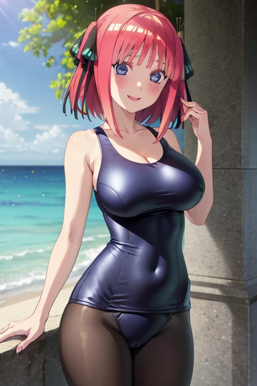 best quality, ultra-detailed masterpiece, anime art style, cute characters, nino nakano, one-piece swimsuit, large breasts, pantyhose, blush, smile