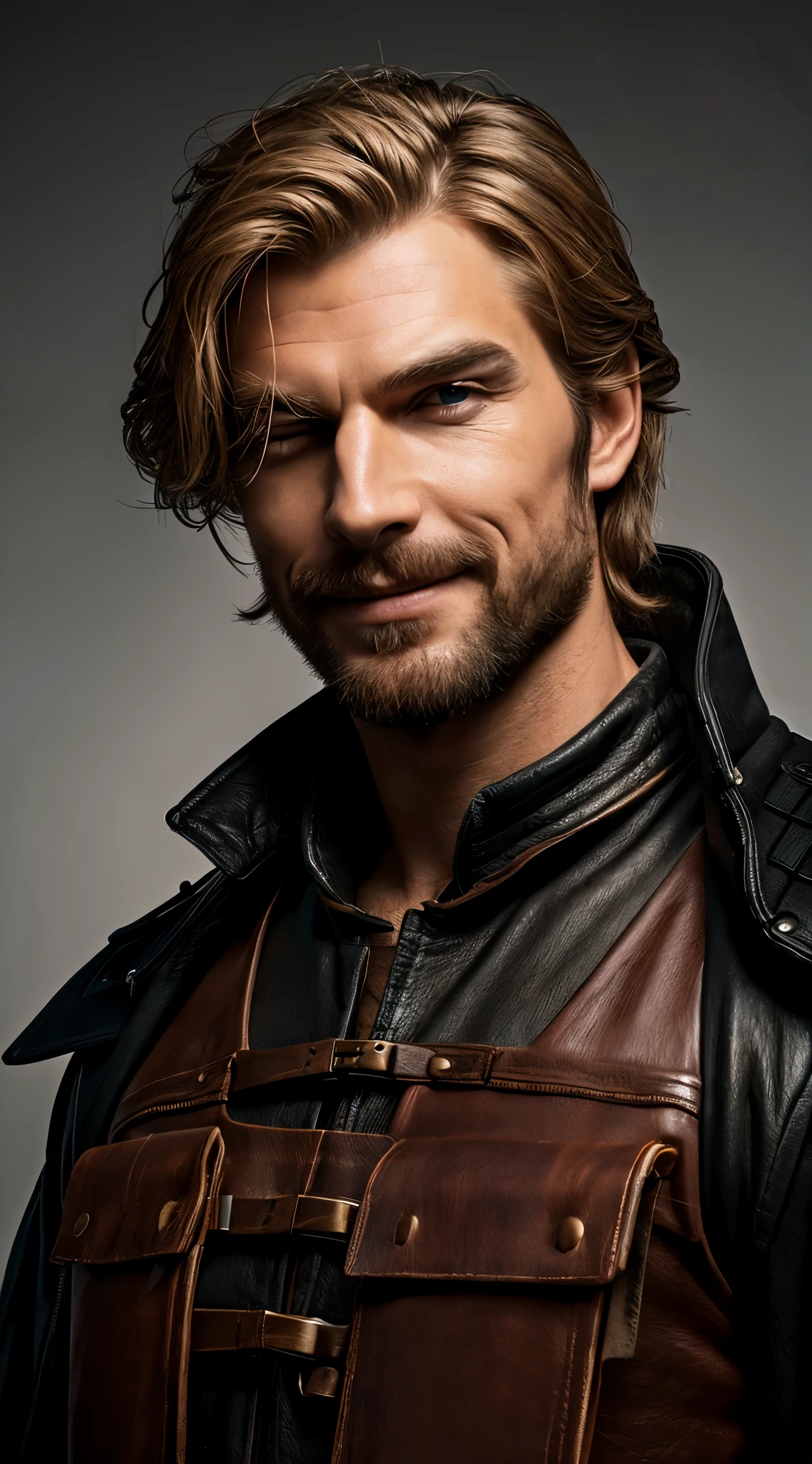 ((Open your mouth)), (close your eyes)) Portraiture, (Absurd resolution, High resolution, Super detailed), 1 male, Adult, good looking, Tall and muscular man, Broad shoulders, Blonde long hair, Red eyes, Detailed drawn eyes, View your viewers, alone, No background, Detailed face, Grin, traitor, Solid dark leather clothing, Small leather pouch, High fantasy medieval setting, Background of the smuggler's lair, stealth, Masked, (Wooden box in background), Shadow, fog, (Dutch Angle), ((Portraiture)), Black Shirt, Black jacket