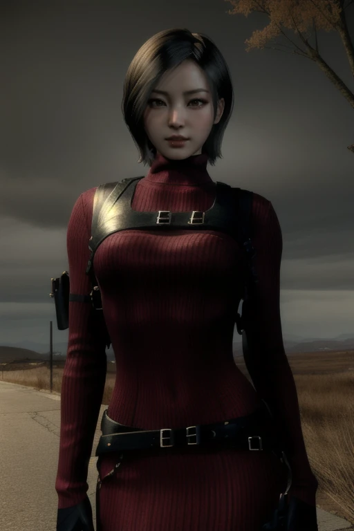 (masterpiece, best quality:1.4), insaneres, absurdres, solo, looking at viewer,BREAK GAME_ResidentEvil4Remake_AdaWong_ownwaifu, 1girl, asian, black hair, short hair, brown eyes, lips, bangs, large breasts, red lips, makeup, lipstick, sweater, dress, gloves, holster, shoulder holster, black gloves, turtleneck, turtleneck sweater, sweater dress, ribbed sweater, long sleeves, harness, belt, holding gun, red sweater, red dress, (contrapposto, hand on hip), night time, sidelighting, outdoors, depth of field, posing