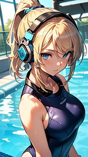 最high quality、Best image quality、masterpiece、With a girl((18-year-old、School Swimsuit Best Bust、Bust 85、Blonde、ponytail、,Beautiful Blue Eyes、Open your chest wide、Diamond earrings in the ears、Kamimei、Mechanical headphones))high quality、Visual Arts、background((Pool))、