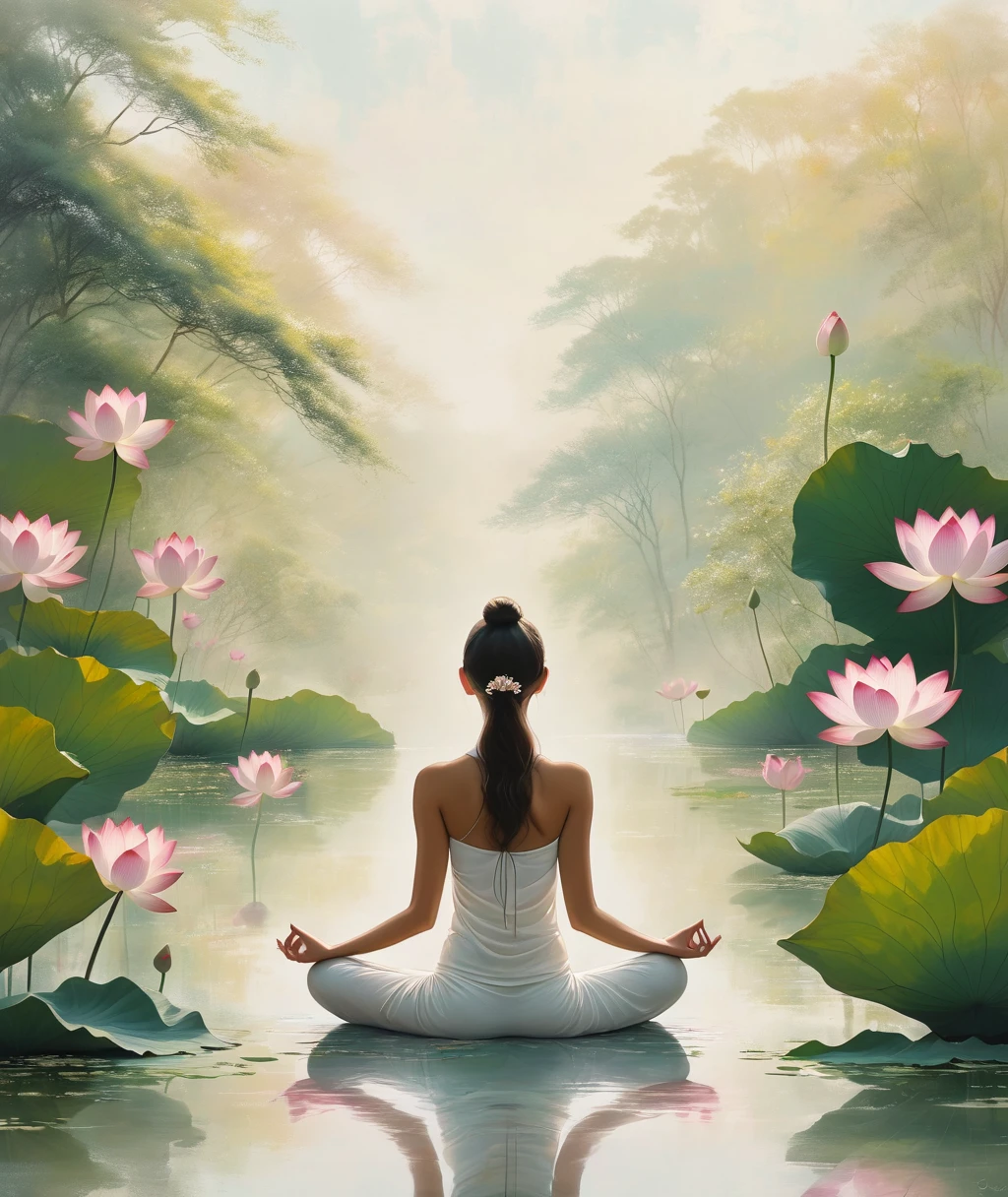 (highres,masterpiece:1.2),minimalist journey,lotus pose girl,serene garden scene,soft natural lighting,zen-like atmosphere,[pastel colors],[calm,peaceful],detailed lotus petals,delicate brush strokes,refined simplicity,subtle textures,meditative expression,tranquil ambiance,[serenity:1.1],[harmony],[serene background],minimalistic landscape,intricate details,peaceful energy,[graceful movement],elegant posture,gentle breeze,[mindfulness:1.1],quiet contemplation,[serene solitude],serene beauty,simple elegance,gentle curves,harmonious composition,minimalist artwork,tranquility and stillness,embodiment of inner peace,[gentle harmony],[serene presence],calming vibrations,dreamlike experience,natural tranquility,ethereal vibe,[artistic expression],sublime atmosphere