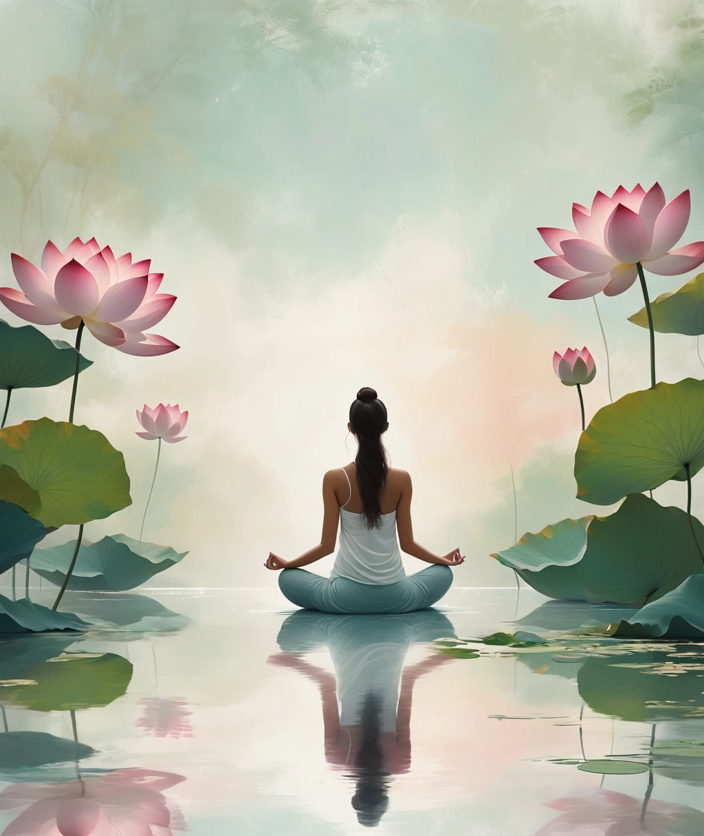 (highres,masterpiece:1.2),minimalist journey,lotus pose girl,serene garden scene,soft natural lighting,zen-like atmosphere,[pastel colors],[calm,peaceful],detailed lotus petals,delicate brush strokes,refined simplicity,subtle textures,meditative expression,tranquil ambiance,[serenity:1.1],[harmony],[serene background],minimalistic landscape,intricate details,peaceful energy,[graceful movement],elegant posture,gentle breeze,[mindfulness:1.1],quiet contemplation,[serene solitude],serene beauty,simple elegance,gentle curves,harmonious composition,minimalist artwork,tranquility and stillness,embodiment of inner peace,[gentle harmony],[serene presence],calming vibrations,dreamlike experience,natural tranquility,ethereal vibe,[artistic expression],sublime atmosphere