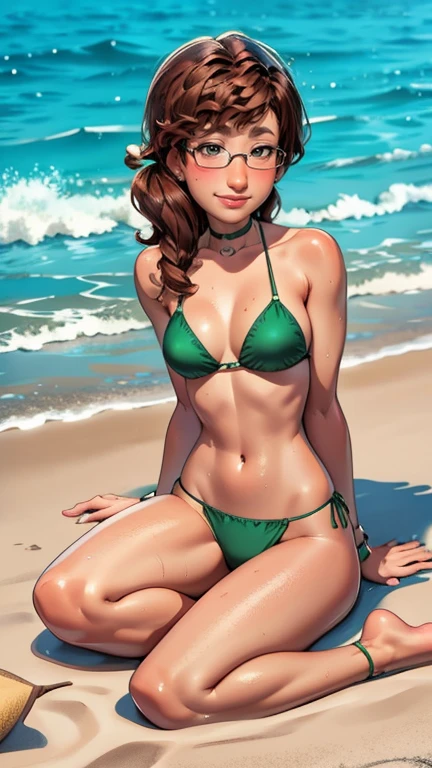 green bikini, brown curly hair, high quality, 8k, wet body, Wet hair, looks at the viewer, full length, you can see the head, visible legs, wide waist, smiling, Sitting on the sand, Near the sea, legs spread, glasses, hands between legs, Braces, pixar style 