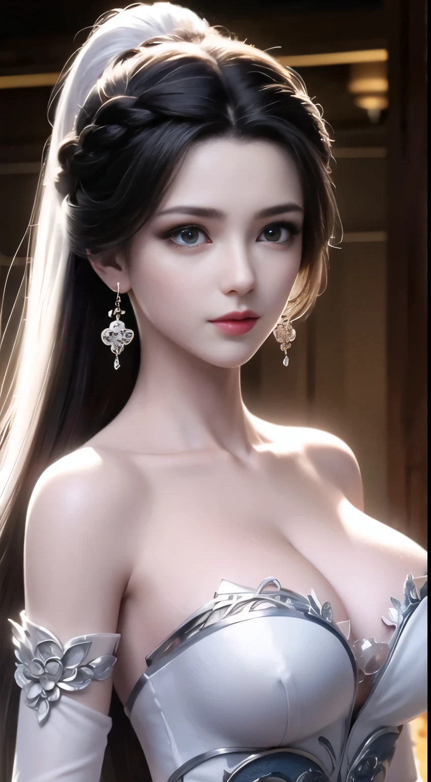 best quality, masterpiece: 1.4), ultra high resolution, actual, front lighting, intricate details, Exquisite details and textures, 1 girl, alone, (young), facial highlight, Upper body, Detailed face, tear nevus, white Skin, silver hair, ponytail, braid, look at the audience, big eyes, black cheongsam, (hollow pattern, white, silk), earrings, , slim figure, VIP room, professional lighting, photon mapping, transmit, Physically based rendering,???????????，???????????，Exposing ?????，Exposing ?????！