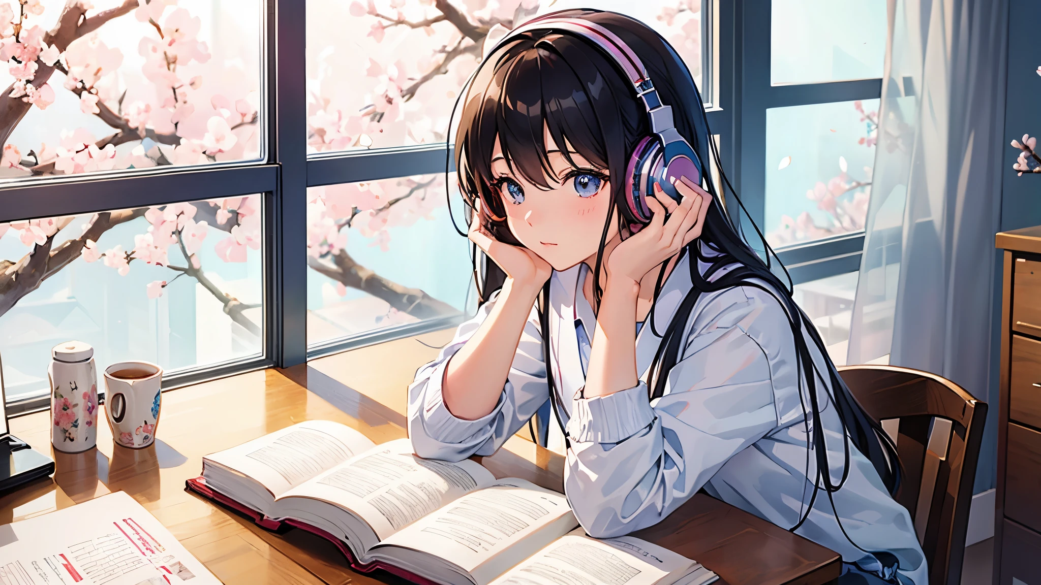 A beautiful girl studying in her room while listening to music with headphones Warm lighting Outside the room, cherry blossoms are blooming Japanese anime style