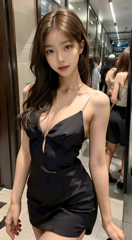 ((Best picture quality, 8K, tmasterpiece: 1.3)), self-shot, Sharp focus: 1.2, A cute beauty with a perfect figure: 1.4, Slim big breasts, ((Brown hair black)) , (Small flesh-colored dress,Highly detailed face,Happy expression,standing on your feet:1.2),((A city with blue skies and white clouds,At the cafe:1.3. Produced with a major focus on women)),Highly detailed facial and skin texture,Detailed eyes,double eyelid