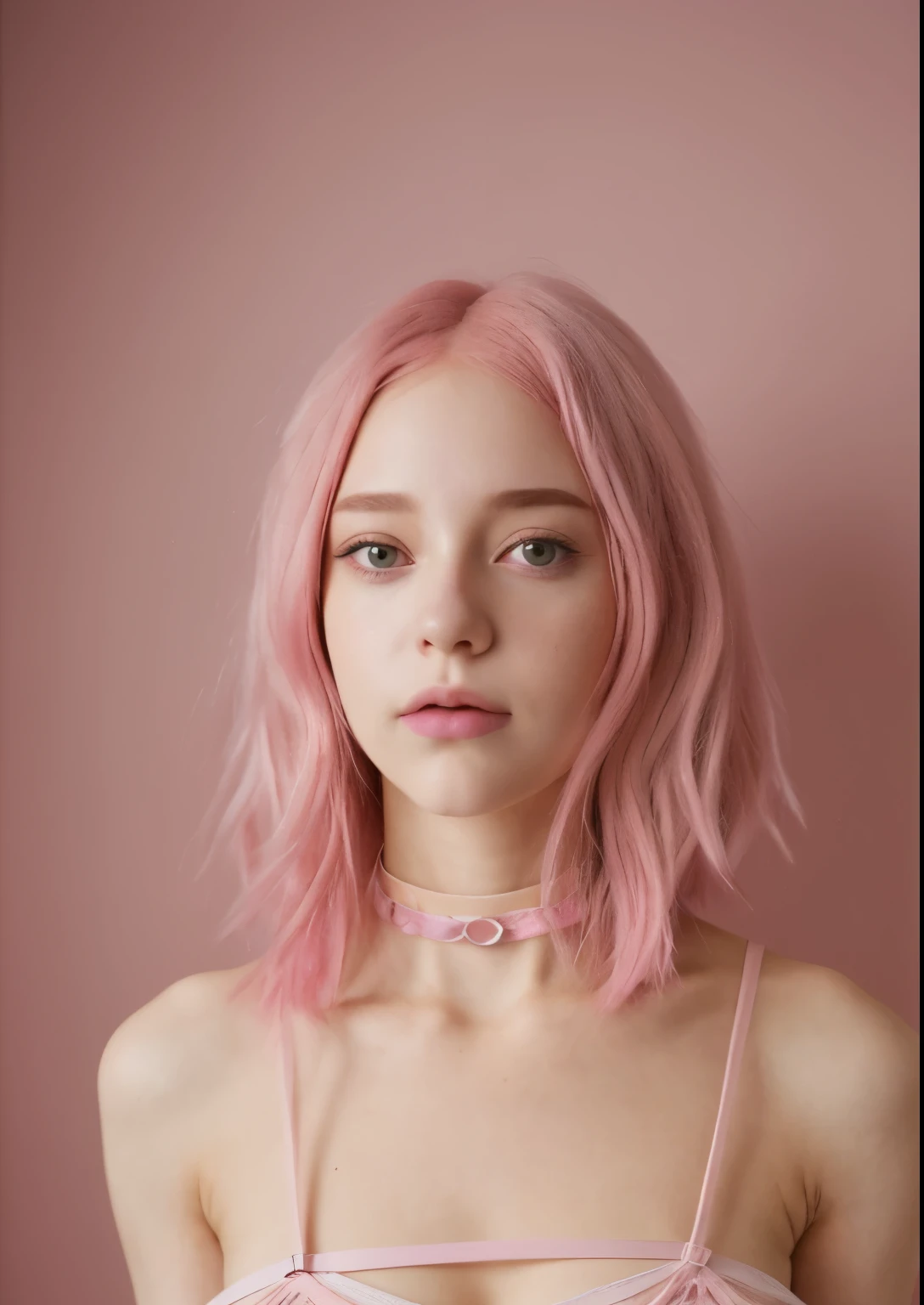 Japanese woman with pink hair and brown eyes and a choker posing for a picture, a pastel inspired by Cosmo Alexander, tumblr, antipodeans, pink hair, with pink hair, light pink hair, pink body harness, pink wispy hair, flowing pink hair, dyed hair, colored hair, pastel hair, pink vibe, bright hair, pink body, pink girl, low-key white transparent top, nipples pressing