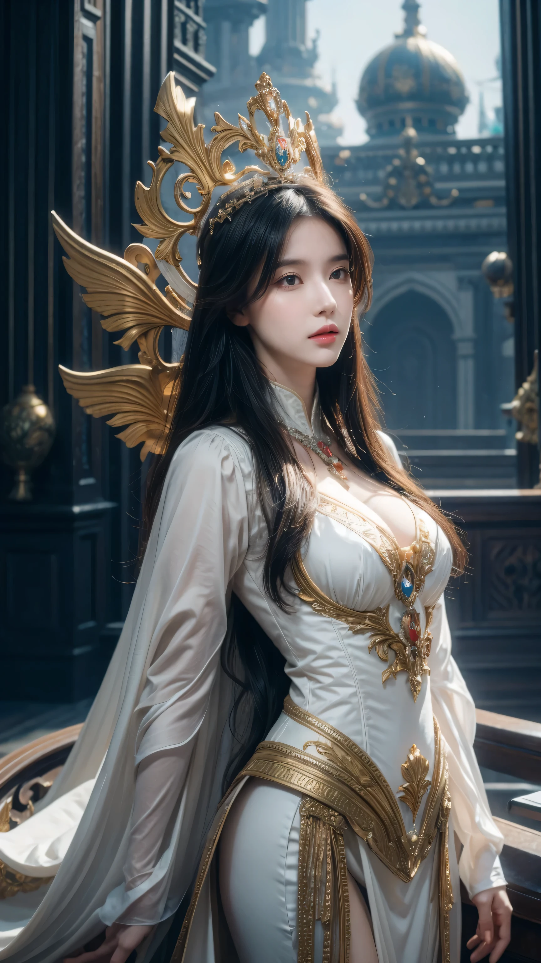Ethereal goddess portrait, Wheels within wheels, elegant, Very detailed, number, Art Station, concept art, Smooth, Clear focus, illustration, Artgerm and Greg Rutkowski and art by Alphonse Mucha and William - Adolphe Bouguereau and Stephanie Lowe , epic royal background, large royal untrimmed crown, royal jewelry, robot, nature, panoramic, symmetry, Greg Rutkowski, Charlie Bowwater, Bepple, Unreal 5, Surrealism, Dynamic Lighting, Fantasy Art
