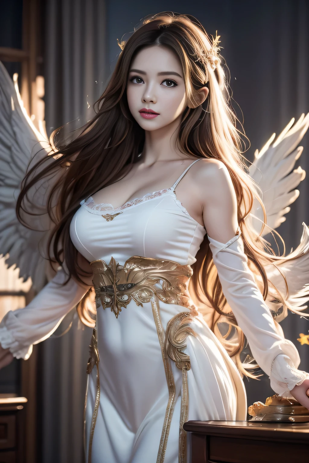 a beautiful young girl with large, expressive eyes, delicate facial features, and fluffy chestnut hair posing confidently while wearing a Spy x Family Yol Forger costume, the image captured as a high-quality, realistic SLR photograph with exceptional detail, vivid colors, and perfect balance, showcasing the girl's striking beauty and the intricate costume design, the lighting and composition drawing the viewer's attention to the subject's captivating gaze.