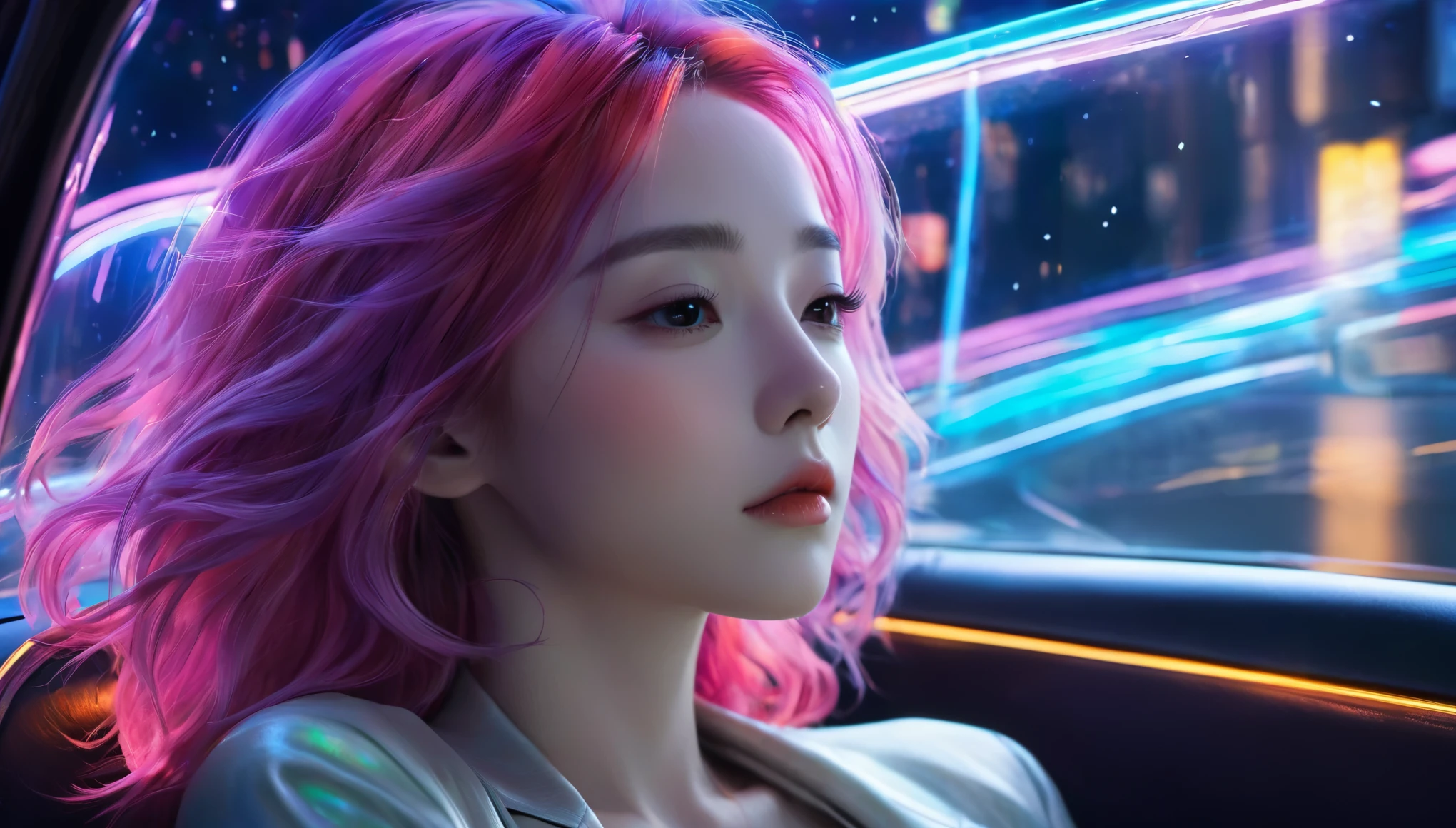 {{masterpiece}}, best quality, Extremely detailed CG unified 8k wallpaper, Movie Lighting,Futurism， A woman sleeping in a car，Sleep with eyes closed，Car window behind， A quiet night. , Multi-colored hair, (Colorful hair:1.5),