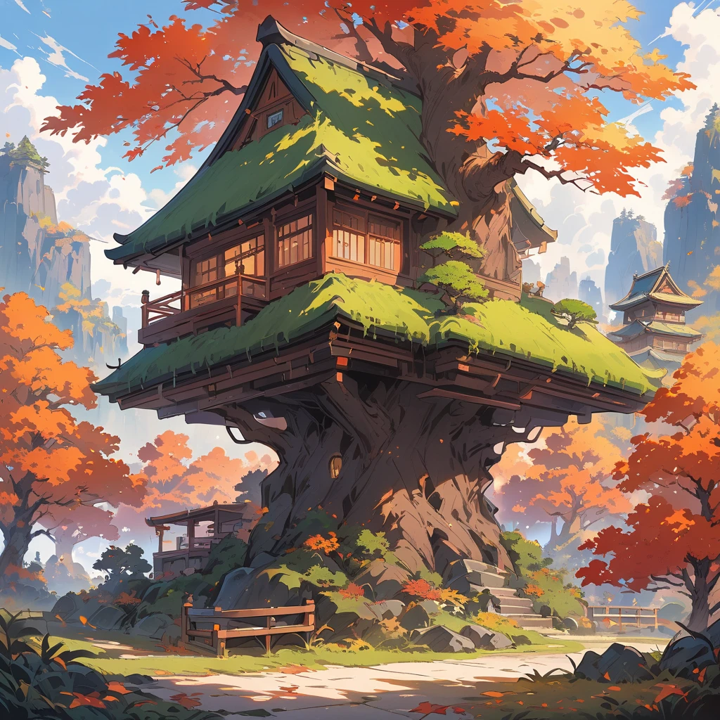 ((tree house)), super wide Shot, illustration,((blue bonsai pot:1.4, green bonsai tree:1.1)),(moss-covered Japan garden:1.2, (autumn atmosphere) The background yellow:1.4),((A powerful bonsai with large:1.3, spreading branches)),Illuminated bonsai., cute 、(highest quality、masterpiece、High resolution、detailed)