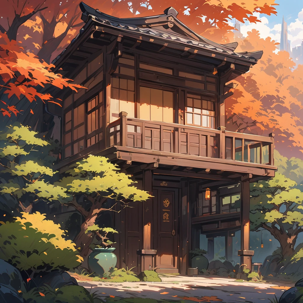 ((tree house)), super wide Shot, illustration,((blue bonsai pot:1.4, green bonsai tree:1.1)),(moss-covered Japan garden:1.2, (autumn atmosphere) The background yellow:1.4),((A powerful bonsai with large:1.3, spreading branches)),Illuminated bonsai., cute 、(highest quality、masterpiece、High resolution、detailed)