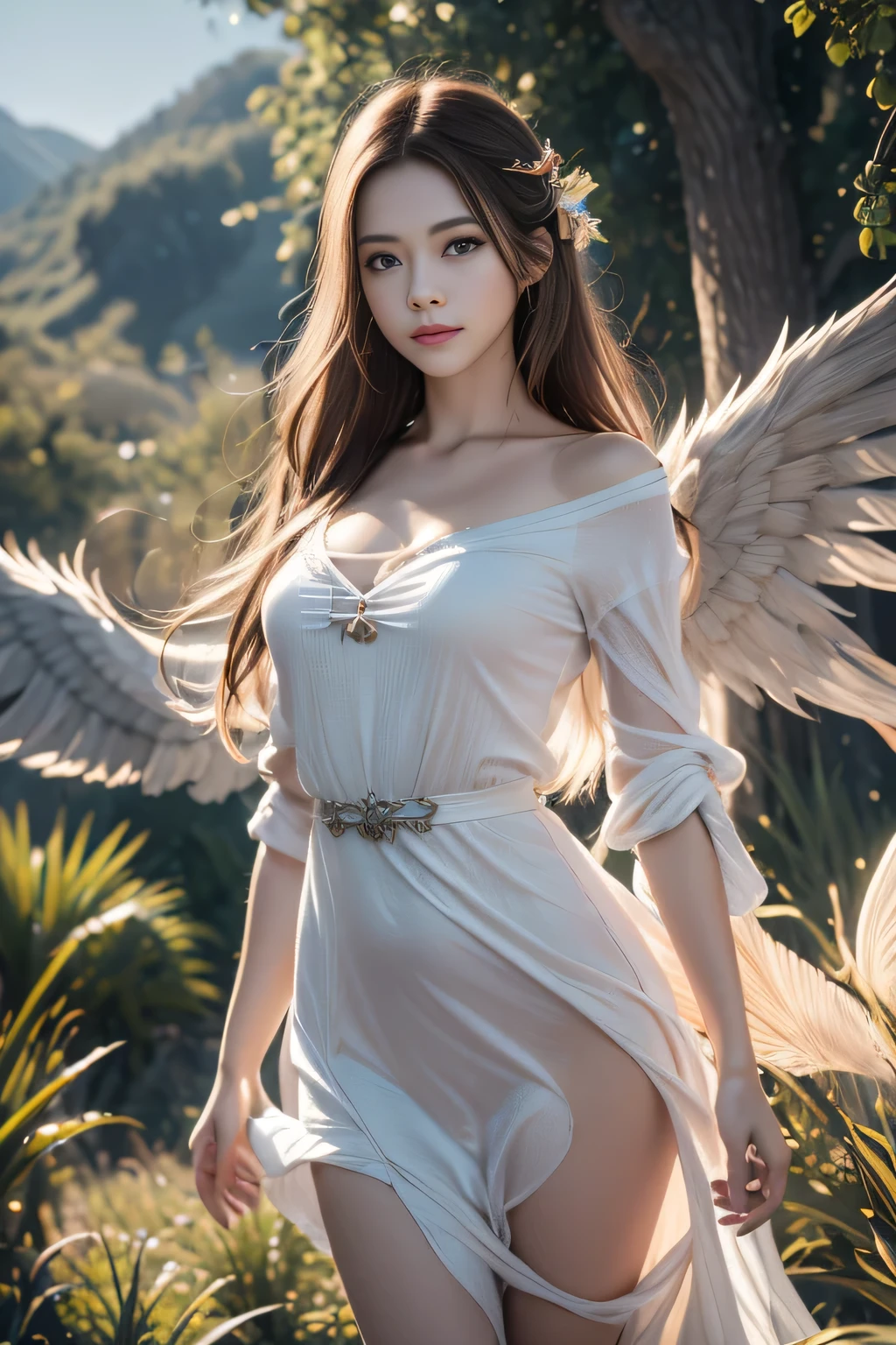 masterpiece, best quality, (Extremely detailed CG Unity 8K wallpaper), (best quality), (Best Illustration), (The best shadow), absurd, Realistic lighting, (abyss), Beautiful and delicate light, Artworks by Peter Mohr Bacher,Super large wings。An angel girl,Fly in the clouds,White Cloud,White Cloud,Blue sky。Long white dress,Golden Wings,Send with aperture。