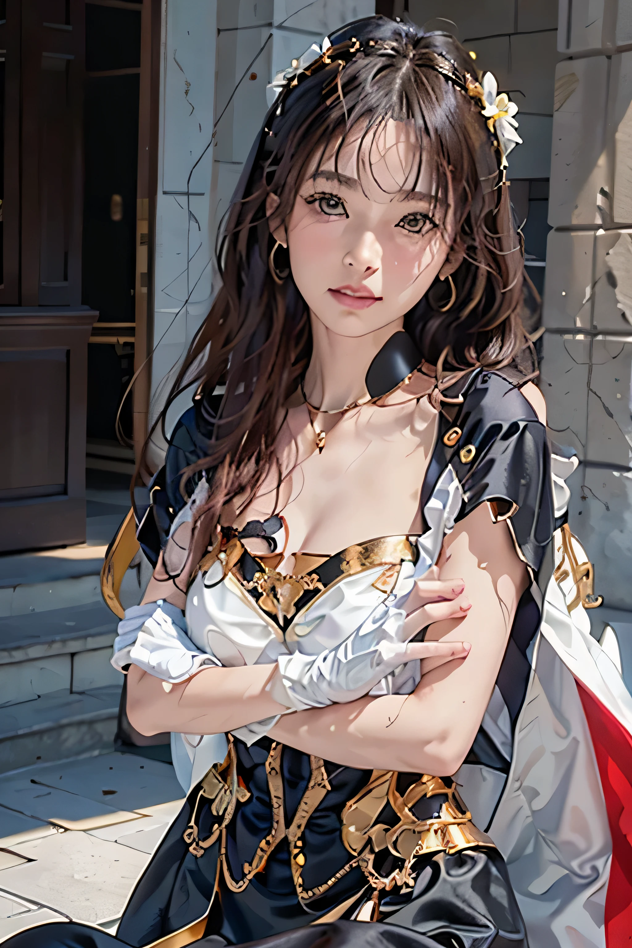 Uruchan-6500-v1.1, (RAWphotograph:1.2), (Realistic:1.4), Beautiful detailed girl, Highly detailed eyes and face, Beautiful and beautiful eyes, 1 girl, Backlight, Exposing shoulders, (((White Background))),(((White Background))),(((White Background))), black dress, black gloves, Black Hair, (Long Hair), black eye, (Shining Eyes), (white thighs: 1.2),chest, Mouth closed, Cowboy Shot, dress, Earrings, Expressionless, fingerless gloves, floating hair, flower, gloves, gold Earrings, gold hair band, hair flower, hair ornaments, hair band, Holding, Holding arms, jewelry, large chest, Particles of light, Long Hair, Looking at the audience, off-shoulder dress, Off the shoulder, flower petals, Rose print, Long Hairを持つ短い髪, Side Lock, alone, spike, Thighs, two-sided dress, Double-sided fabric, arms , ((masterpiece)) (Sexy smile) (Ultra-high resolution,photoRealistic,Realistic,highest quality,photo-Realistic) full-body portraits of a stunning woman in various stylish outfits and stand poses. photograph、Shot in a bright and modern environment with natural light and shallow depth of field Shots are taken using a full-frame DSLR camera and a 50mm f/1.8 lens for a shallow depth of field effect. The clothing styles and colors are varied, adding a sense of movement and dynamism. The lighting is perfect, creating Dramatic Shadowss that add depth and dimension to the photo.ultra Realistic 8k CG, Perfect artwork, ((Image of a perfect woman)), highest quality,Ultra-high resolution,(photo Realistic:1.4),picture-Perfect Face, Perfect Face, Beautiful Face, ((Perfect female body)), Charm, Charming, erotic, Charm, Charming, Mature Woman, Tight waist, Gorgeous woman god, god, Queen of gods, absurdly Long Hair,((Intricate details, Delicate pattern)),(Spotlight, Perfect lighting, Detailed light, Dramatic Shadows, Ray Tracing) (Gold High Heels:1.5)