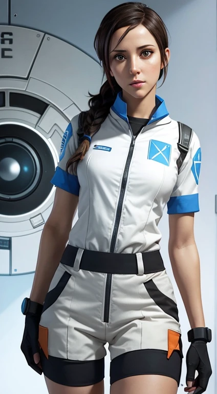 Beautiful girl Chell from the game Portal 2, standing in the uniform of the company Aperture Science. She holds a portal pushcube in her hands, with Atlas and P-body next to her