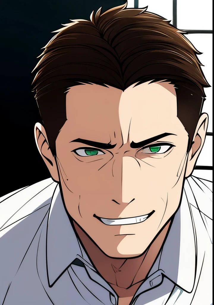 One 45 year old Adult male, light brown hair, side burns, scubble, green eyes, cocky overconfident expression, shiteating grin, wearing white collared shirt, portrait style, facing forwards