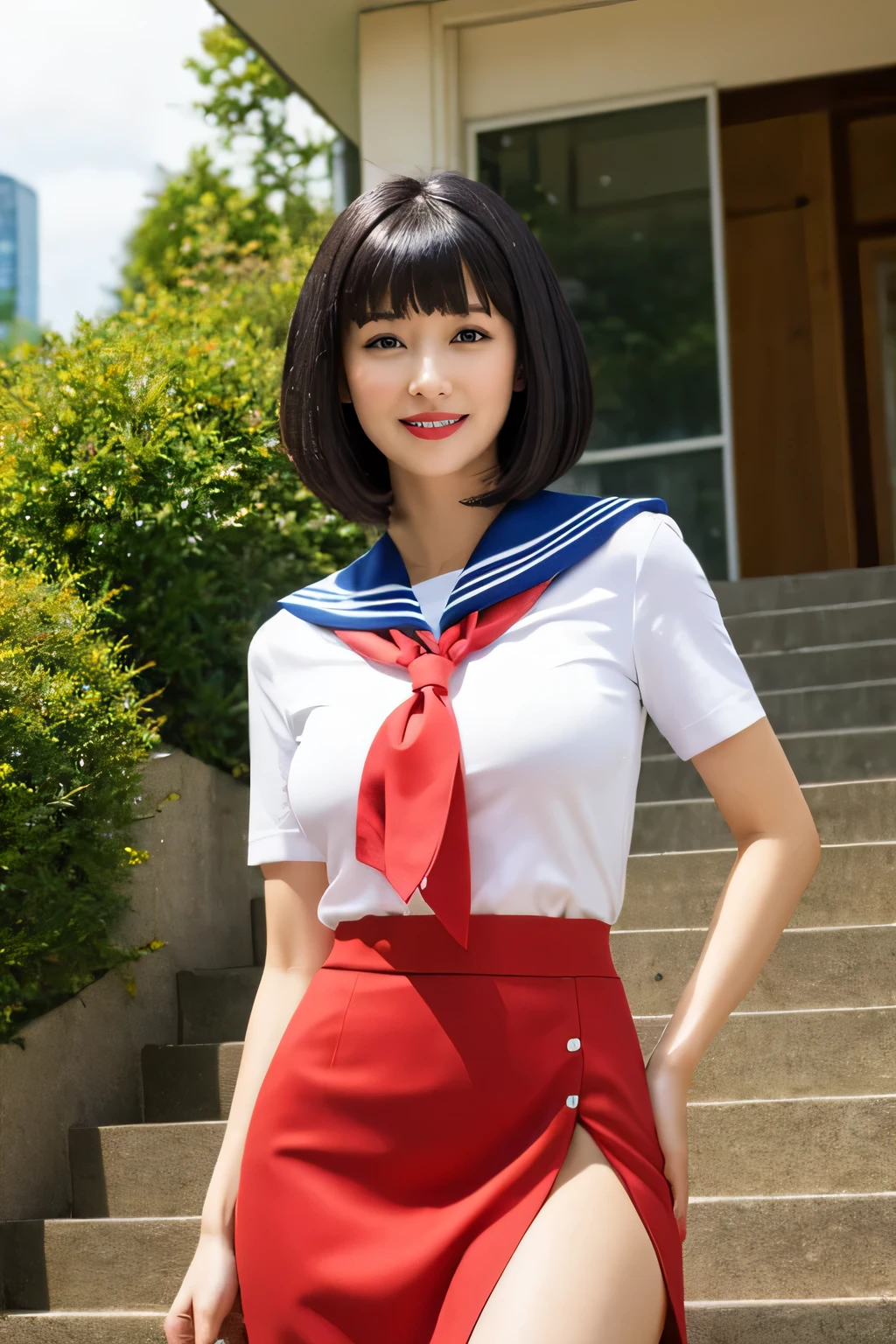 (best quality, masterpiece, photo-realistic:1.2), super detailed, 8K, ultra high resolution, RAW photo, absolute resolution, solo, 1girl, a  girl wearing sailor suit, ((black hair, bowl cut hair)), BREAK, ((deep blue)) collar, BREAK, ((red)) neckerchief, BREAK, ((white)) uniform, short sleeves, BREAK, fablic texture ((deep blue)) mini-skirt, large breasts, detailed face, detailed eyes, small face compared to body, ((standing on the stairs, hands on hips)), BREAK, (futanari, penis_under_skirt, small penis wearing Scrunchie, glossy red glans), (knee shot, from below), daytime, outdoors, smile,