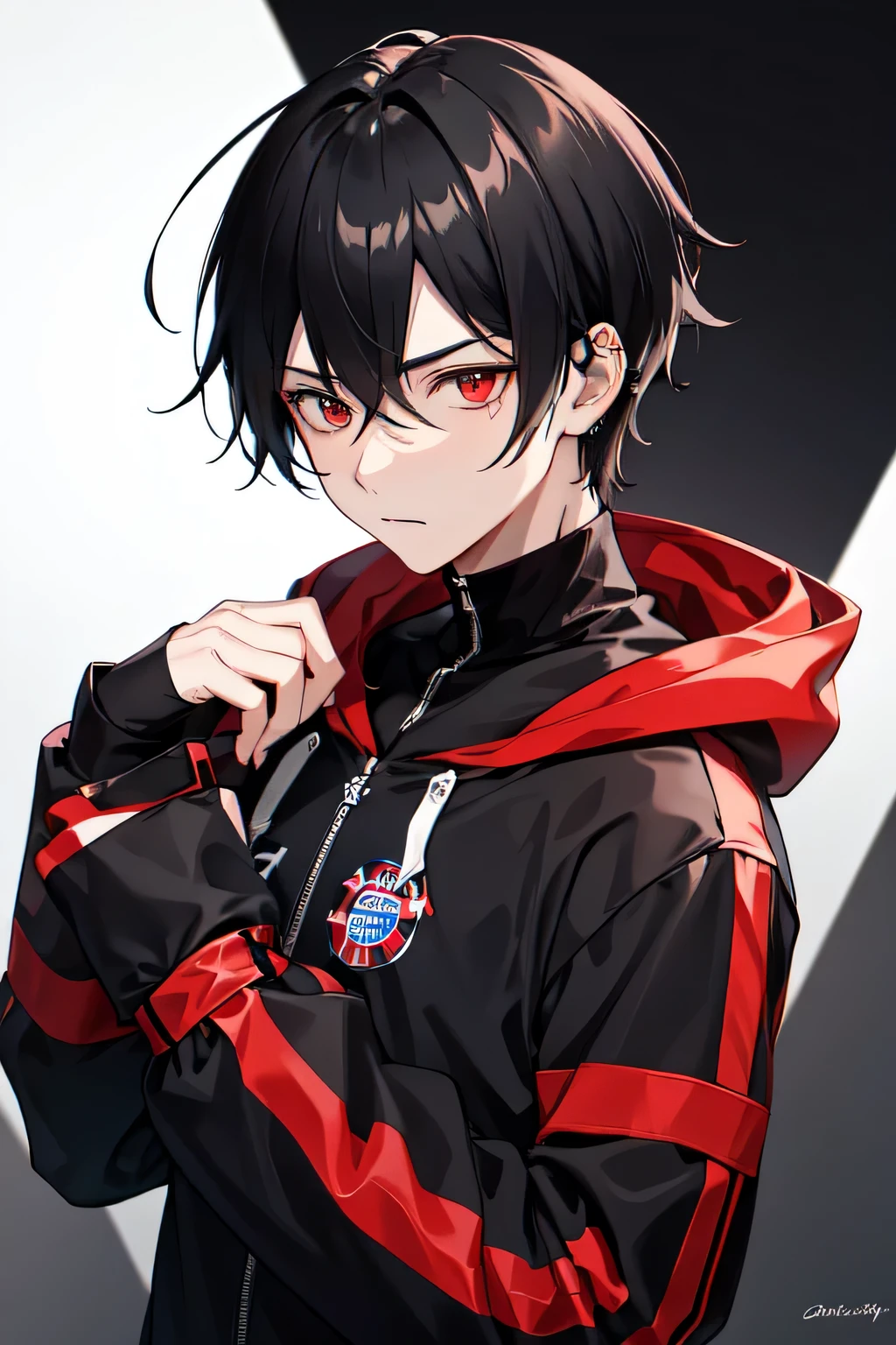 1boy,Bayern Munchen Football black hoodie,red eyes,black hair,mullet haircut,using piercing