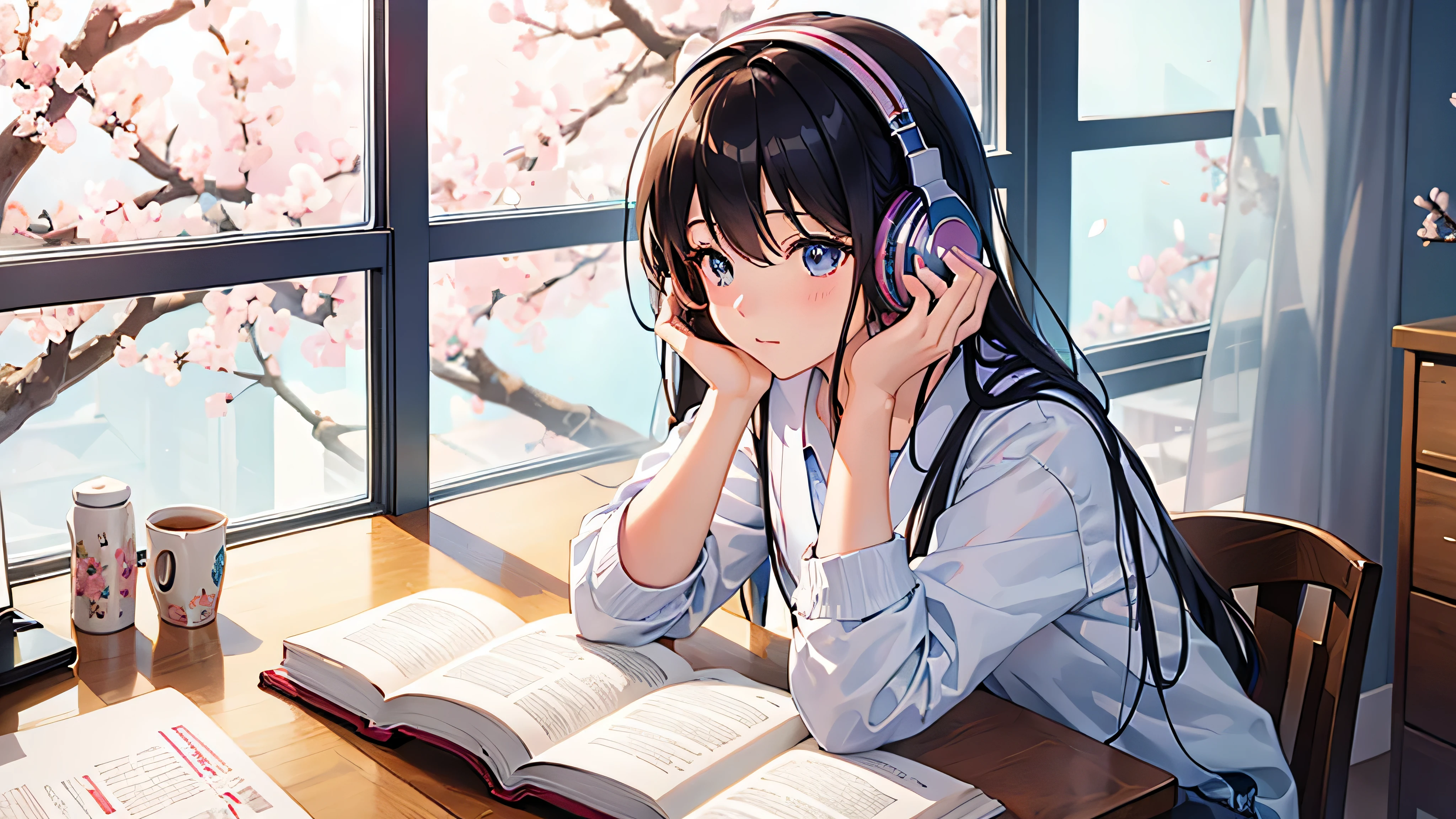 A beautiful girl studying in her room while listening to music with headphones　Warm lighting　Outside the room, cherry blossoms are blooming　Japanese anime style