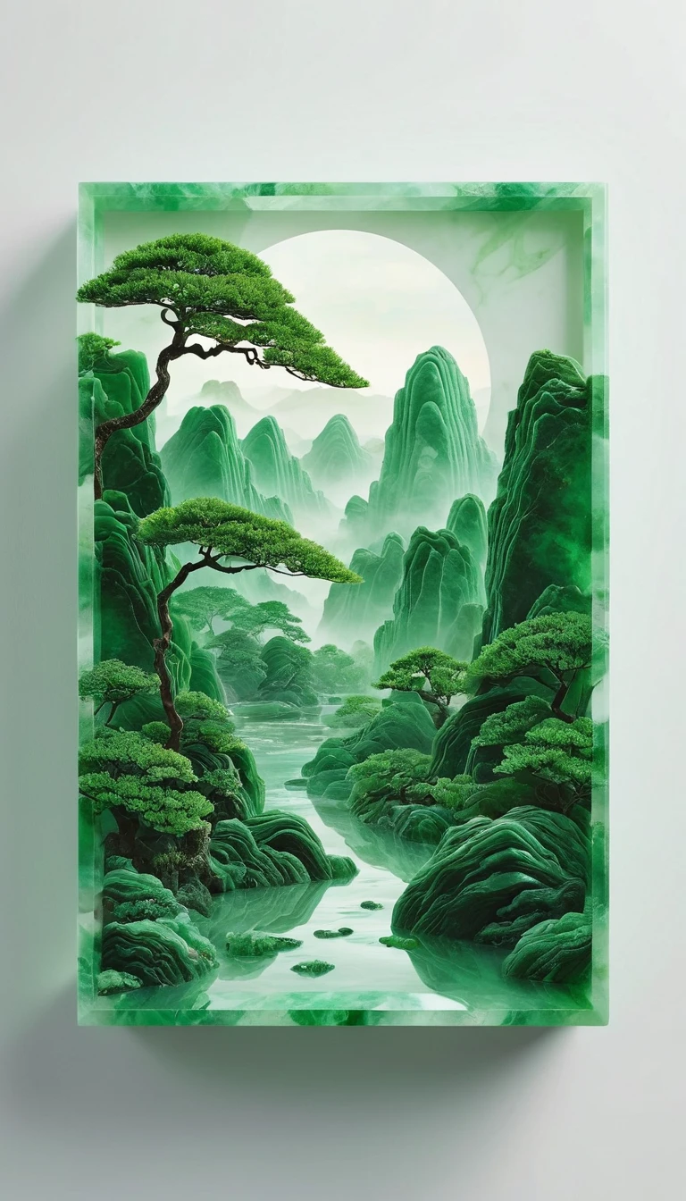 A serene and peaceful minimalist journey is depicted in this artwork. The center of the composition showcases a beautiful jade stone, exquisitely detailed with its vibrant green color and delicate texture. The stone appears to be floating, symbolizing  and balance. The background features a tranquil and minimalist landscape, with lush greenery and smooth, calming textures. The image is of the best quality, with a resolution of 4k or higher, ensuring every detail of the artwork is vivid and visually appealing. The artwork is created with a realistic and photorealistic style, capturing the essence of the jade stone and the tranquility of the scene. The use of minimalism and simplicity adds depth and meaning to the artwork, inviting the viewer to engage in mindful meditation. The colors are predominantly green, representing nature and abundance. The lighting is soft and subtle, enhancing the peaceful atmosphere. This masterpiece aims to evoke a sense of harmony and reflection, providing a soothing and calming experience to the viewer.