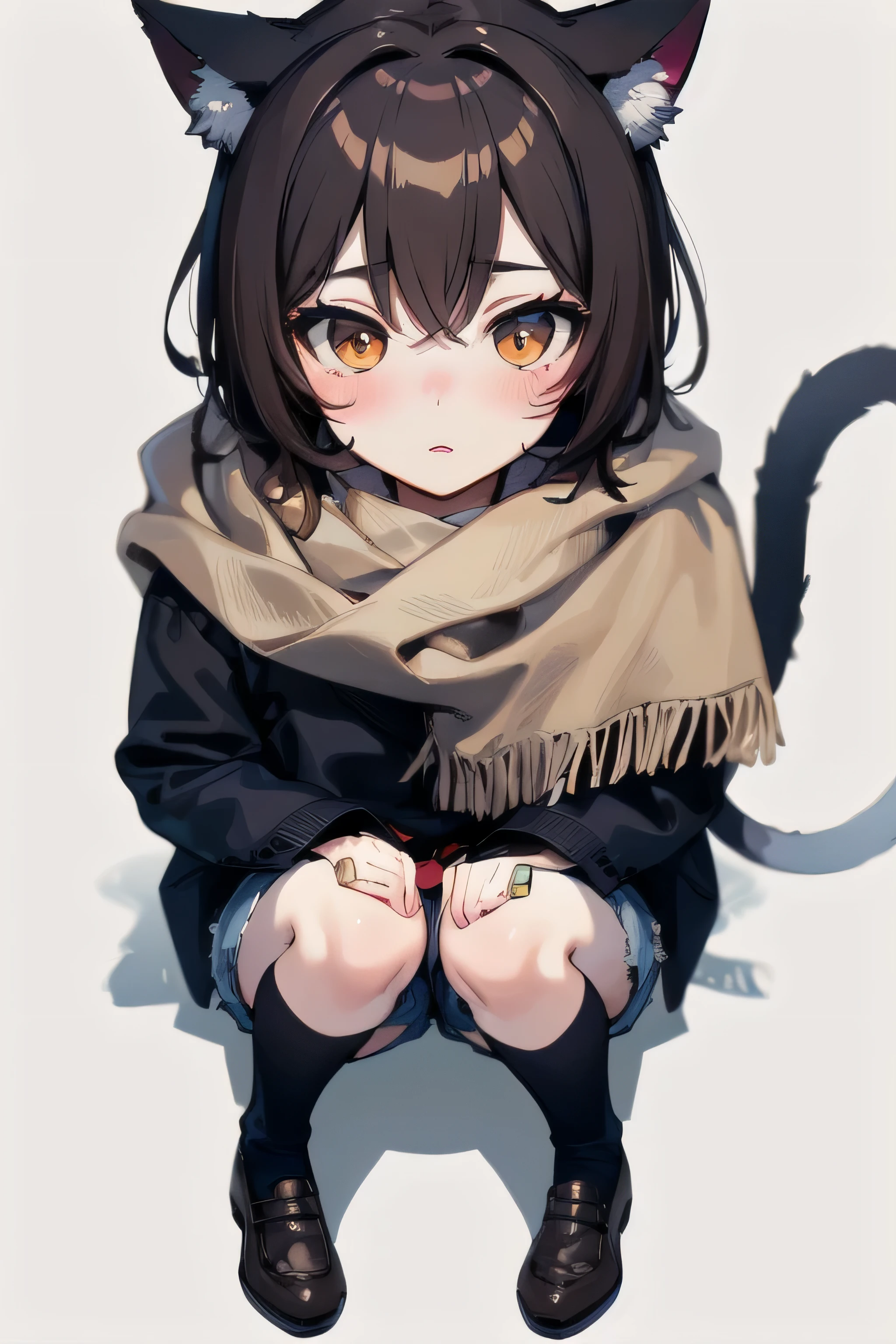 masterpiece, top quality, super detailed, CG illustration, high resolution, better lighting, best shadows, very delicate and beautiful, proper shading, hd, 8k,solo, looking at viewer, blush, simple background, brown hair, 1boy, white background, animal ears, tail, full body, male focus, shorts, socks, cat ears, scarf, coat, cat tail, bandaid, male , cat boy