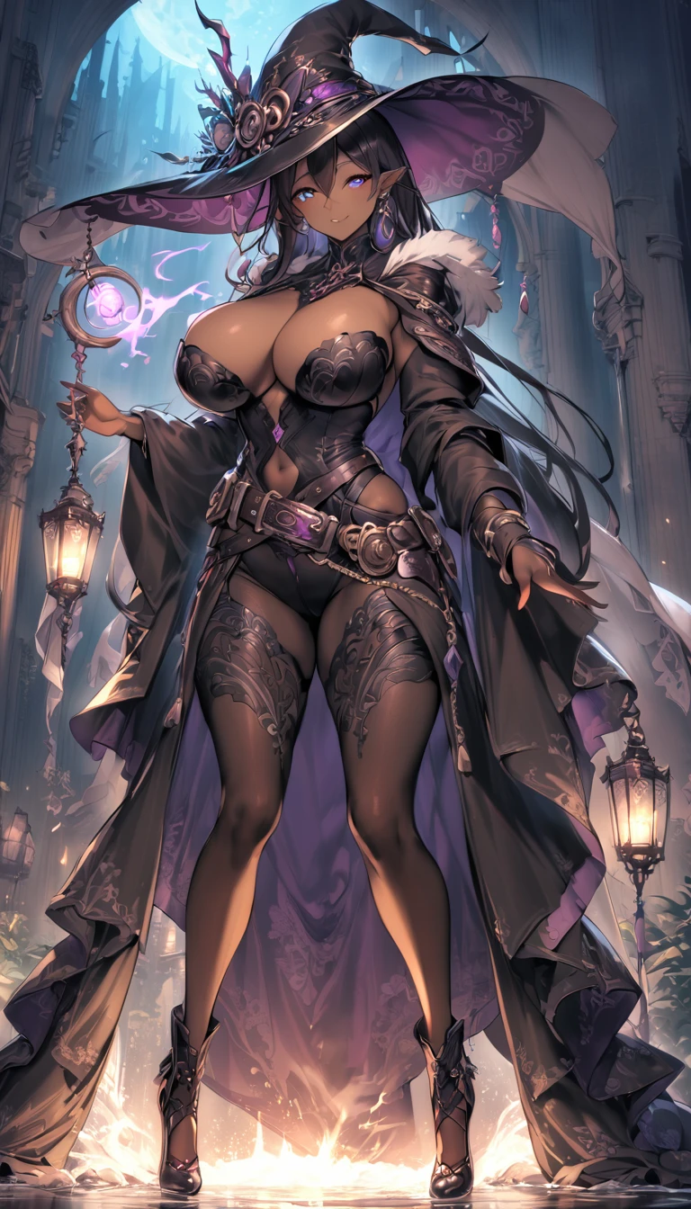 (masterpiece), (best quality:1.4), (perfect anatomy:1.4), high quality, expressive eyes, full body, detailed face, beautiful face, perfect face, {1 girl}, In her human form, Danua possesses an aura of mystery and quiet strength. She stands at a moderate height, around 5 feet 8 inches tall, with a slender yet athletic build that speaks of both grace and resilience. Her complexion is a rich, dark hue, reminiscent of polished mahogany, lending her an air of exotic beauty that sets her apart in any crowd. Danua's features are striking yet enigmatic, with high cheekbones, a sculpted jawline, and full lips that often curve into a thoughtful expression. Her eyes, a deep emerald green, hold a glint of intelligence and intensity, hinting at the depths of wisdom and experience hidden within. Cascading waves of black hair frame her face, falling in loose curls that dance with every movement, adding to her ethereal allure. She often keeps her hair partially concealed beneath a hooded cloak, adding to her mysterious aura. In her attire, Danua favors garments that blend functionality with elegance, often opting for dark colors and flowing fabrics that allow for freedom of movement. She may be seen wearing a long, flowing cloak that billows behind her like a shadowy veil, adding to her air of mystique., dynamic lighting, 4k resolution, dynamic pose, gothic background, steampunk_costume, hat, curvy, gothicpunkai, jim lee, dark skin, dark skinned female, black hair, ((pants)), belts, dark cloak,