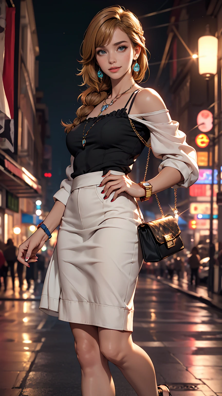最high quality, 8K, masterpiece: 1.3, Ultra HD, high quality, 最high quality, High resolution, realism)) 、25-year-old Caucasian female、Brunette、blue eyes、long hair、smile、Body shape like a fashion model、I want my head to stay off screen、Wear accessories on your wrist、Wearing red nail polish、I have a peticure、Aerial perspective((atmospheric perspective))、smile((smiley))、Background blur((depth of field)、Wear a sheer, off-the-shoulder bodycon top、Wearing Sandals、have a clutch bag、Skyscraper background、Waiting for a traffic light at an intersection、Crystal Earrings((crystal earrings))、Inner Color((colored inner hair))、Dark Blonde、Bangs at the parting((parted bangs))、French style braid((french braid))