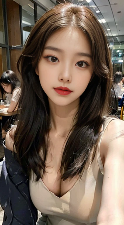 ((Best picture quality, 8K, tmasterpiece: 1.3)), self-shot, Sharp focus: 1.2, A cute beauty with a perfect figure: 1.4, Slim big breasts, ((Brown hair black)) , (Small flesh-colored dress,Highly detailed face,Happy expression,standing on your feet:1.2),((A city with blue skies and white clouds,At the cafe:1.3. Produced with a major focus on women)),Highly detailed facial and skin texture,Detailed eyes,double eyelid