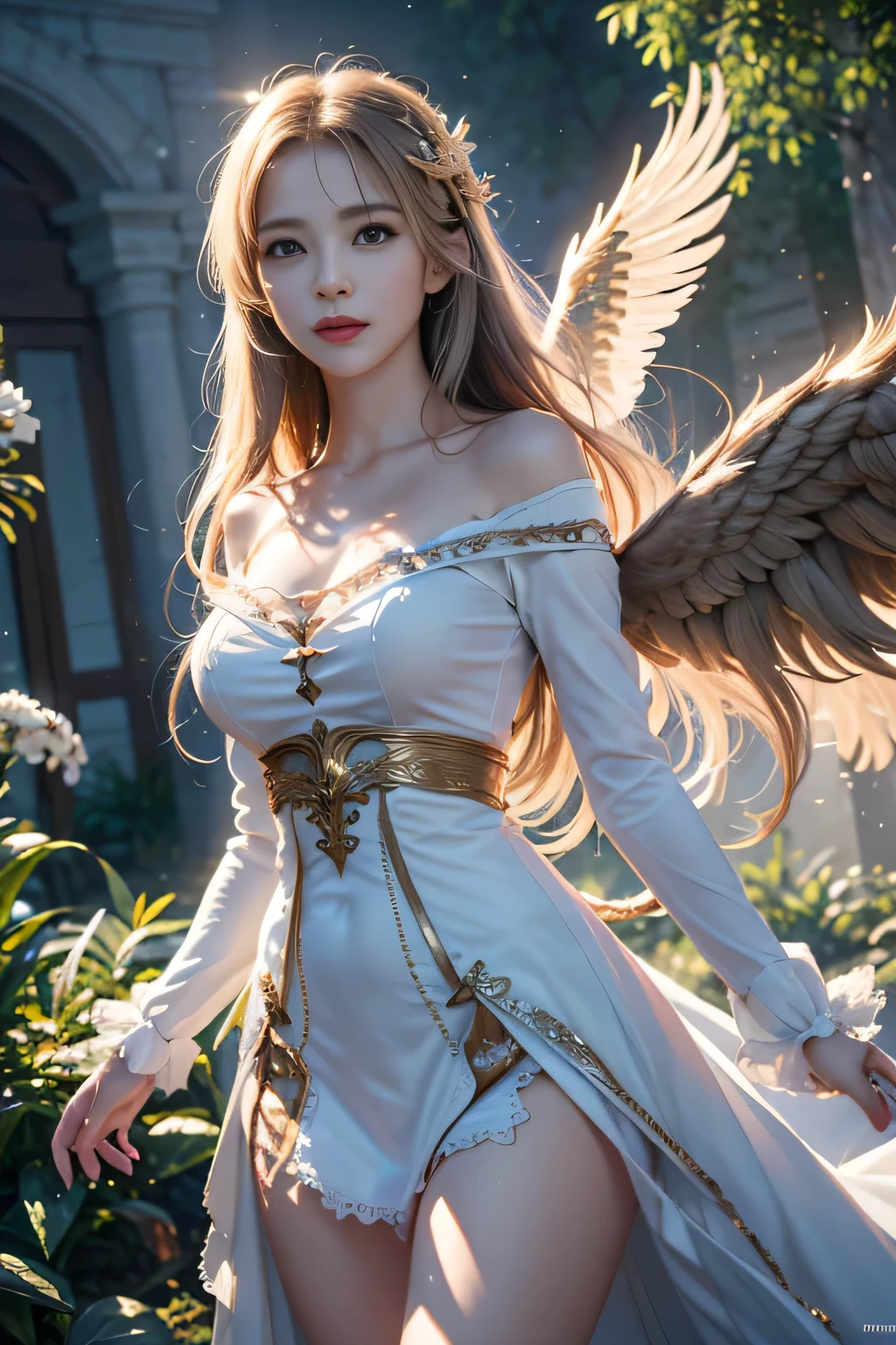 masterpiece, best quality, (Extremely detailed CG Unity 8K wallpaper), (best quality), (Best Illustration), (The best shadow), absurd, Realistic lighting, (abyss), Beautiful and delicate light, Artworks by Peter Mohr Bacher,Super large wings。An angel girl,Fly in the clouds,White Cloud,White Cloud,Blue sky。Blue sky。Blue sky。Long white dress,Golden Wings,Send with aperture