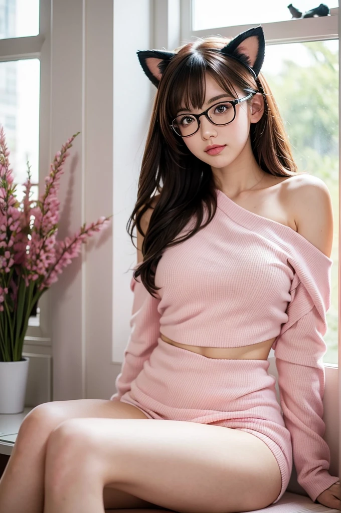 Show entire body, feet in view, aerial view, 20y.o. Redhead Asian  female, wearing oversized t-shirt, pink thigh high stockings , no shoes, glasses, side ponytail, In the bedroom, See panties, opened legs, sit on a chair, highres, highres, high details