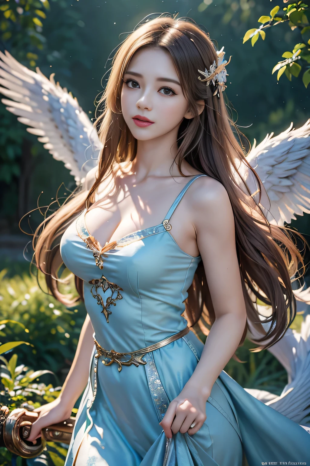 masterpiece, best quality, (Extremely detailed CG Unity 8K wallpaper), (best quality), (Best Illustration), (The best shadow), absurd, Realistic lighting, (abyss), Beautiful and delicate light, Artworks by Peter Mohr Bacher,Super large wings。An angel girl，Fly in the clouds，White Cloud，White Cloud，Blue sky。Blue sky。Blue sky。Long white dress，Golden Wings，Send with aperture