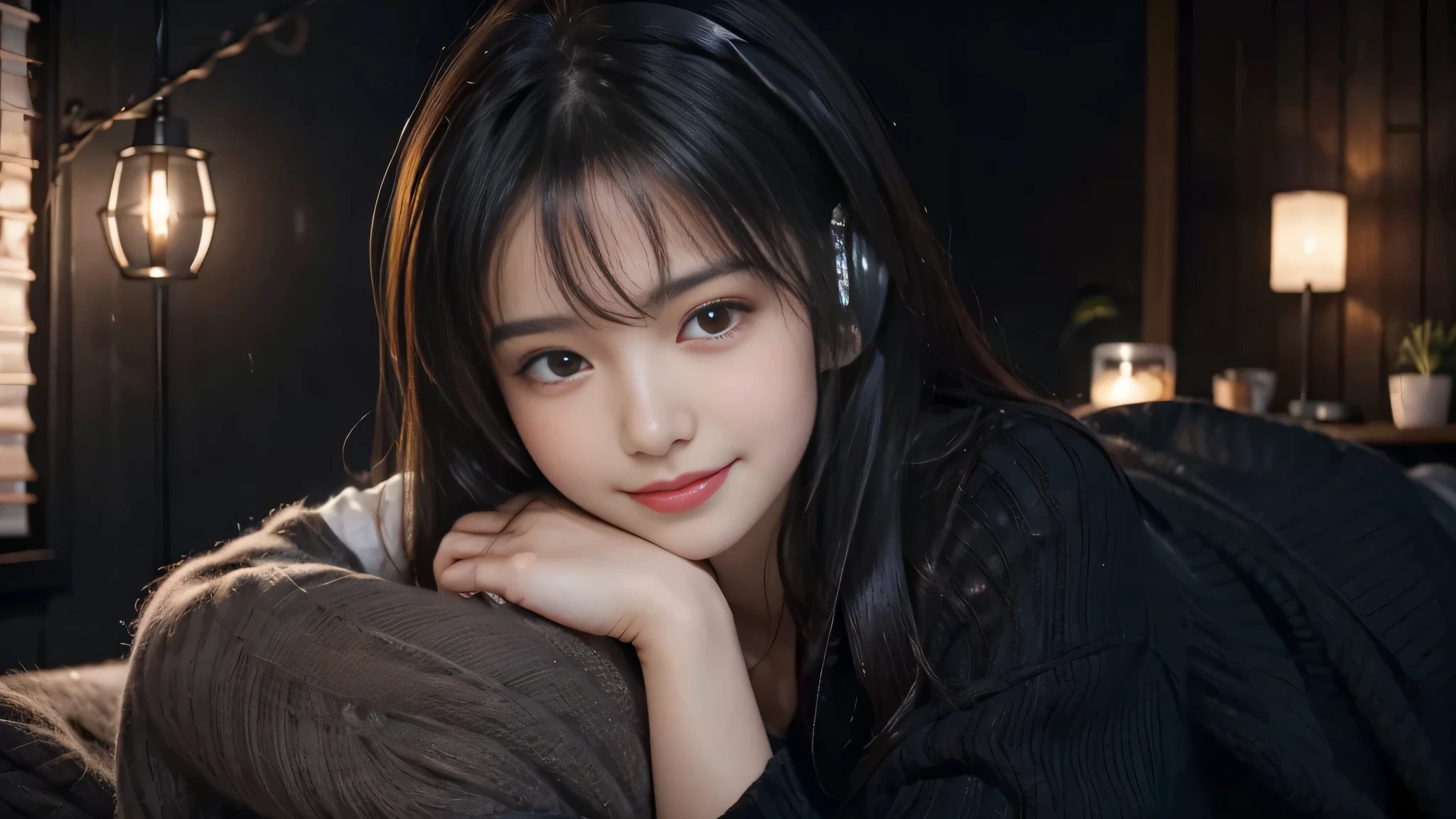 20 year old dark-haired woman、Stay calm、Gentle light、Black background、coffee、head shot、Lo-fi illustration、A relaxing sight、In a warm room、I feel safe、smile、seems to be happy, Put on your headphones