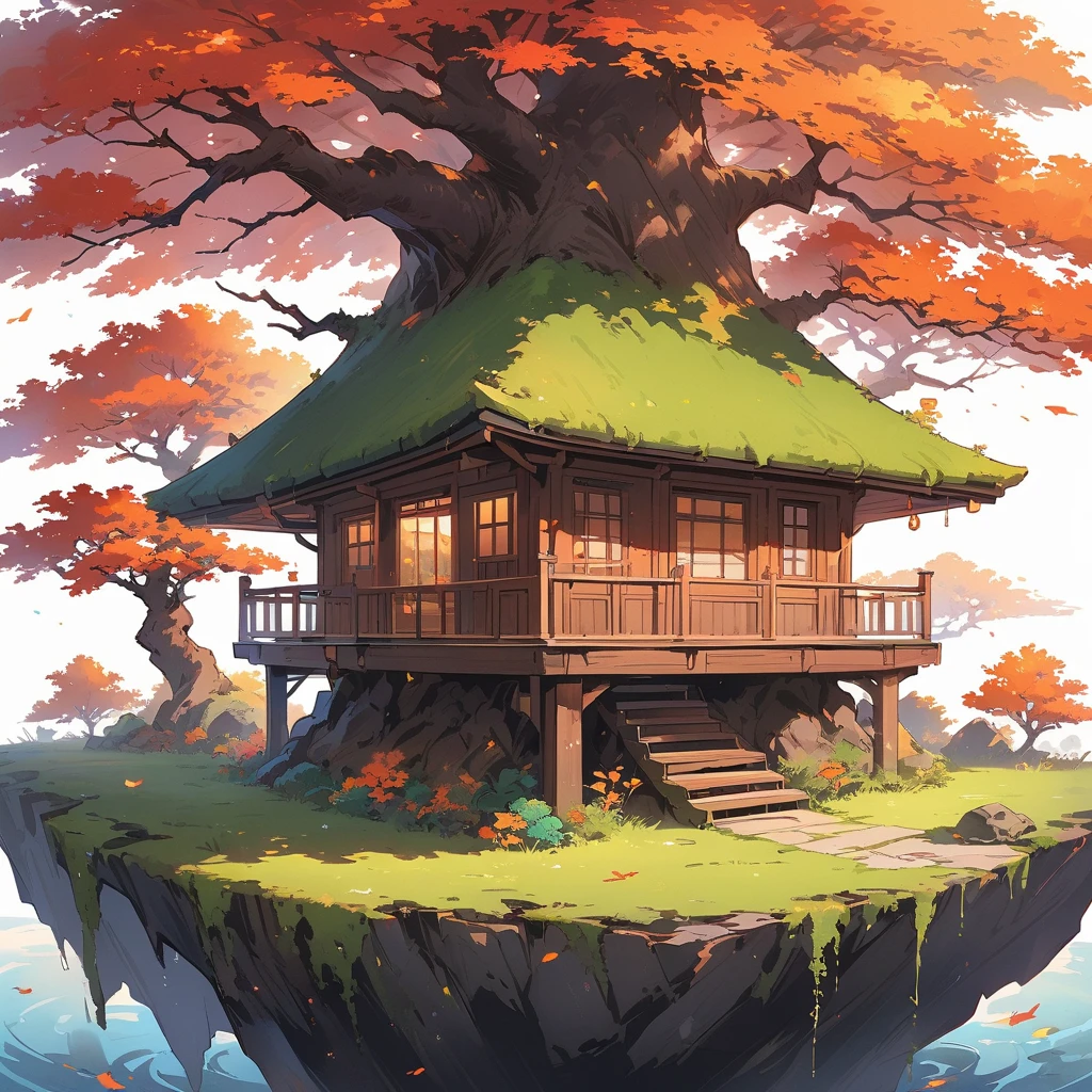 ((tree house)), super wide Shot, illustration,((blue bonsai pot:1.4, green bonsai tree:1.1)),(moss-covered Japan garden:1.2, (autumn atmosphere) The background yellow:1.4),((A powerful bonsai with large:1.3, spreading branches)),Illuminated bonsai., cute  、blossom、(highest quality、masterpiece、High resolution、detailed)