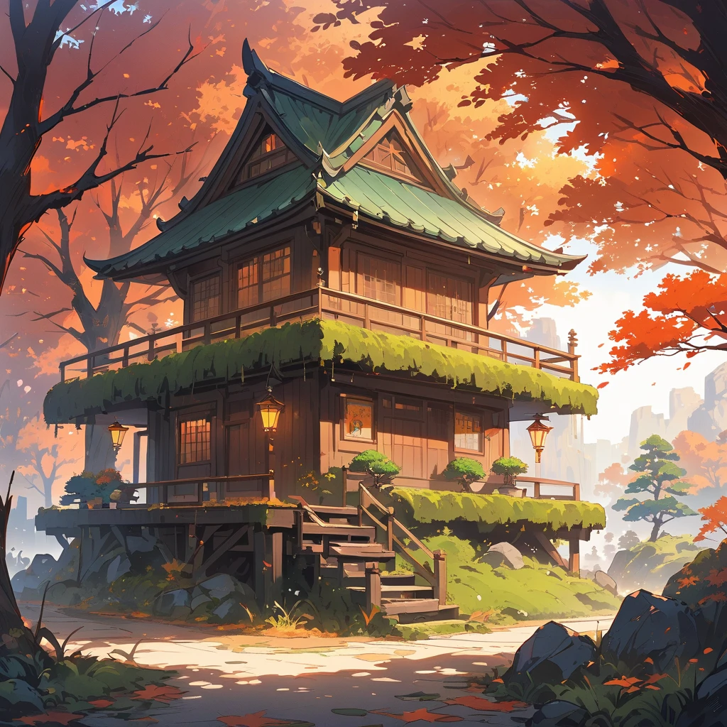 ((tree house)), super wide Shot, illustration,((blue bonsai pot:1.4, green bonsai tree:1.1)),(moss-covered Japan garden:1.2, (autumn atmosphere) The background yellow:1.4),((A powerful bonsai with large:1.3, spreading branches)),Illuminated bonsai., cute  、blossom、(highest quality、masterpiece、High resolution、detailed)