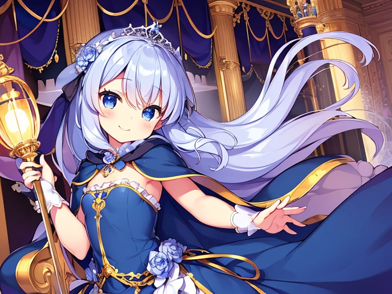 (kawaii),(best quality),(ultra detailed), upper body,(rococo style),(long train deep blue cape:1.15), very long cape,(long train deep blue ball gown with flower decorations:1.05), a girl is wearing a cape over her gown, 1 little princess, tiara, smile, very long hair, small breasts