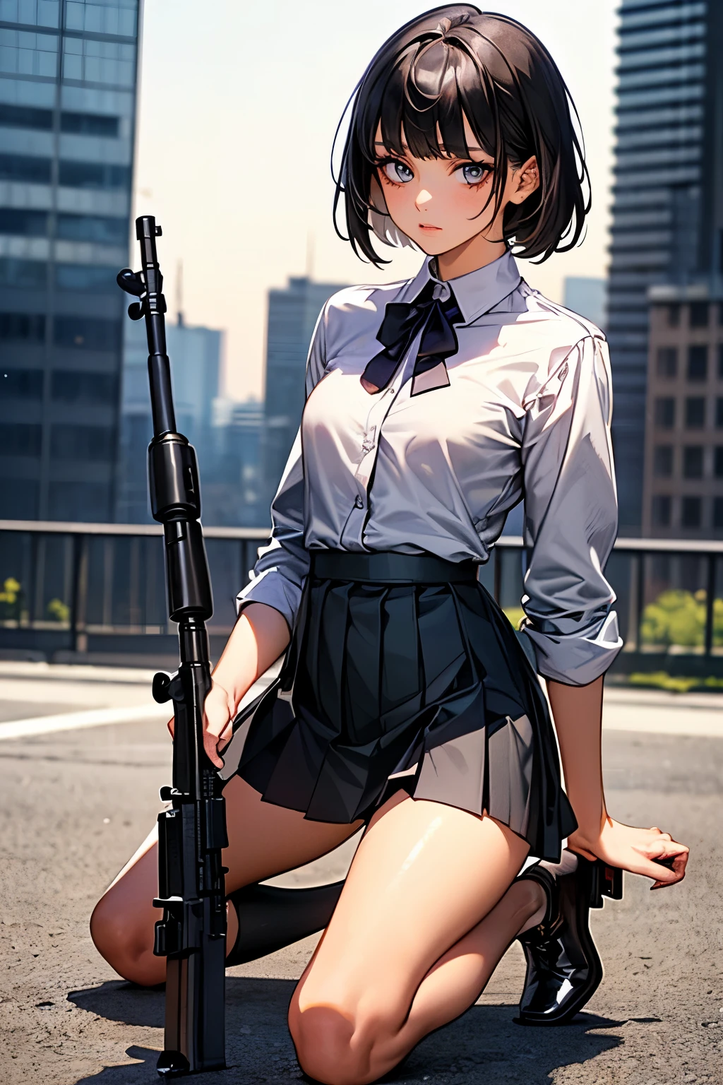 (((Woman firing an automatic rifle:1.5、excluding sight,A detailed depiction of an automatic rifle:1.7))),Synchronize your gaze and body direction、(((perfect anatomy:1.4,realistic:1.4,RAW Photography:1.4,masterpiece、highest quality、Ultra - High resolution、High resolution、Highly detailed CG、8K))),cowboy shot,1 female,solo、18 year old beauty,Japanese,((beautiful detailed face and eyes:1.3,big gorgeous eyes:1.3,gray eyes)),black hair,short bob hair,blunt bangs,blush,(medium breasts,slender body,small head:1.3,skinny),(gleaming skin:1.4,oily skin,shiny skin),(Female Soldier、White collared shirt、Pleated black mini skirt)、kneeling,High-rise building rooftop、at night、moonlight,